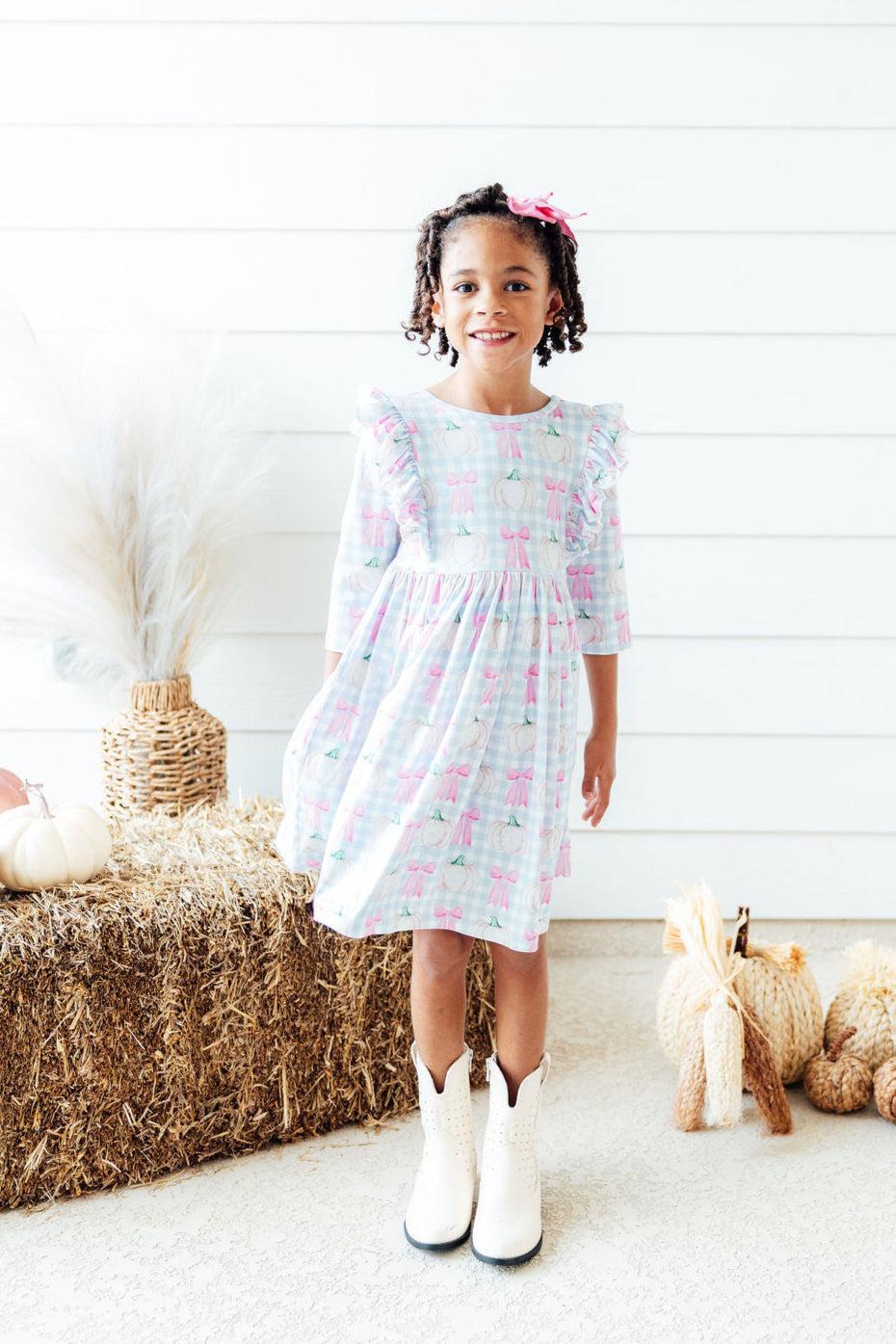 SALE Pumpkin Picnic 3/4 Sleeve Ruffle Twirl Dress - Aaria Tees Aaria Tees