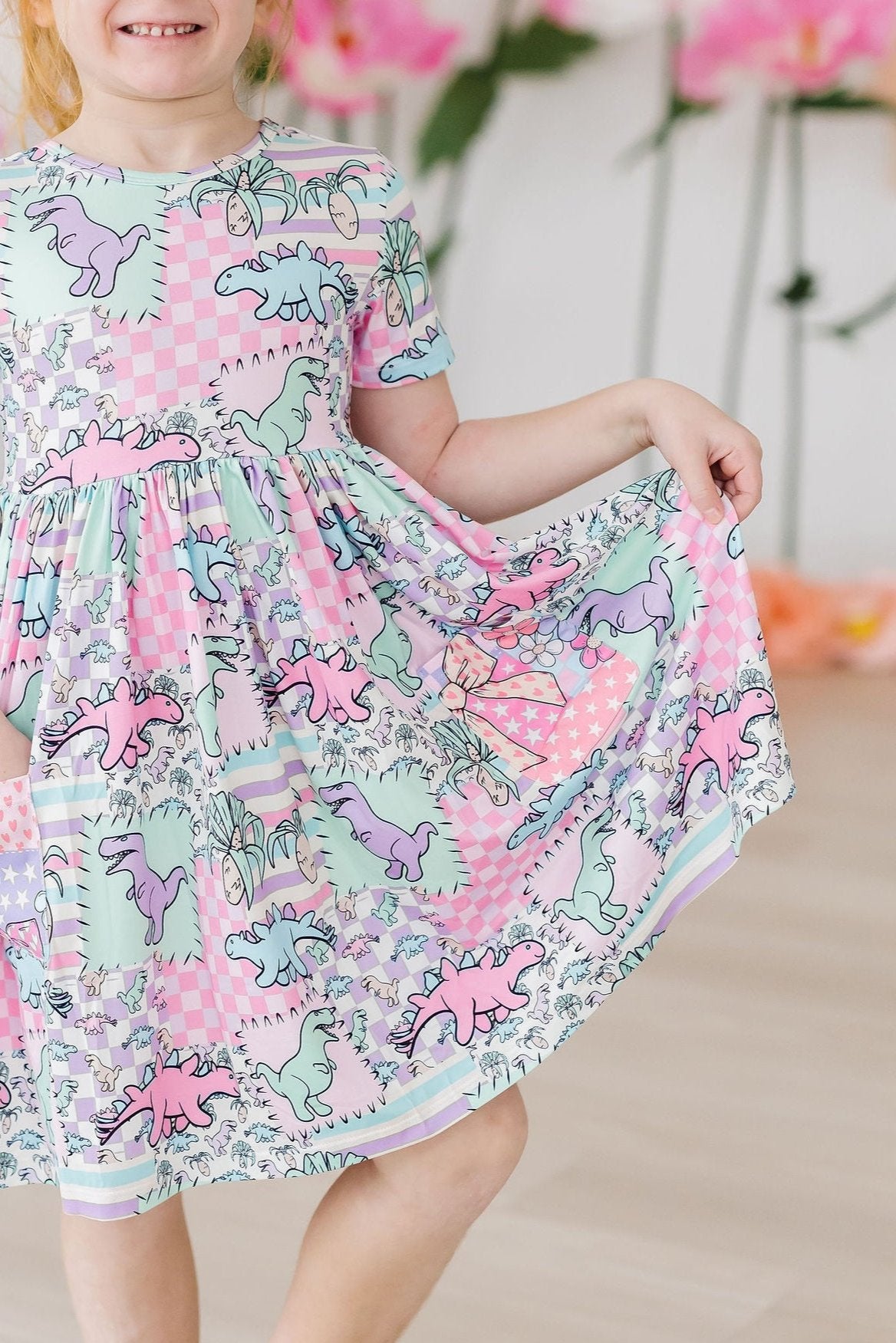 SALE Quilted Dinos S/S Pocket Twirl Dress - Aaria Tees Aaria Tees