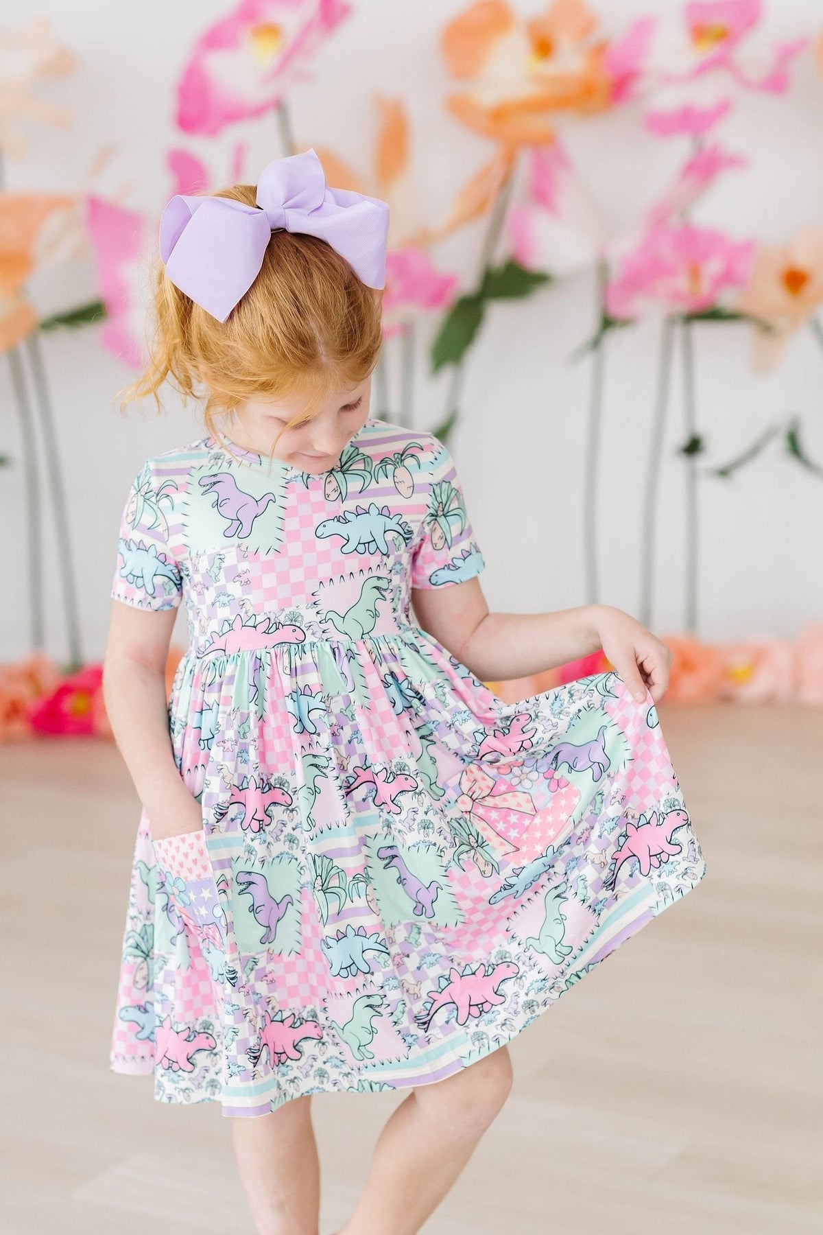 SALE Quilted Dinos S/S Pocket Twirl Dress - Aaria Tees