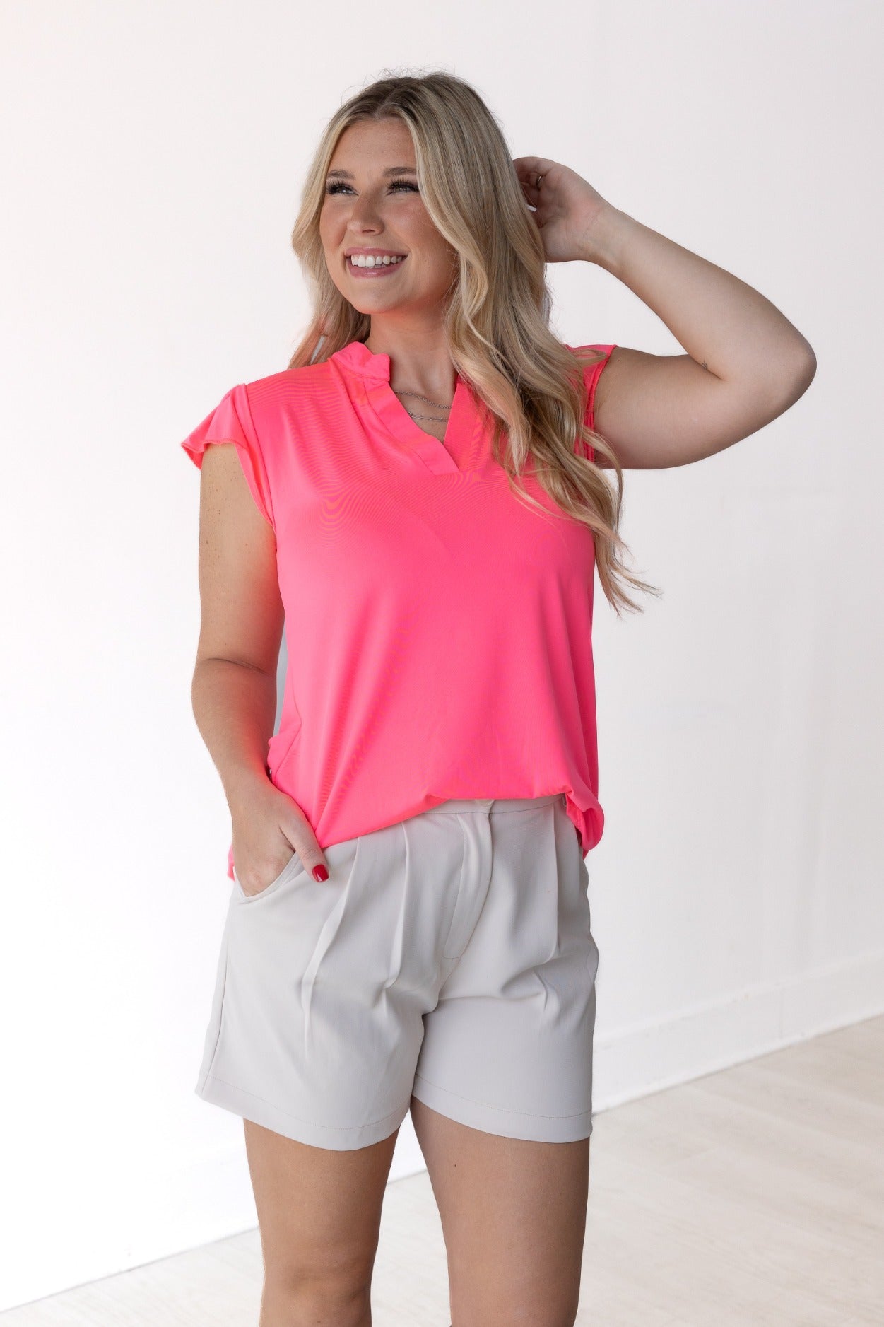 The Nicole V-Neck Top, Neon Pink - Aaria Tees Aaria Tees