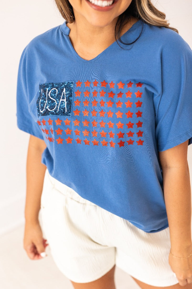 USA Flag Glitter Stars Top - Aaria Tees Aaria Tees