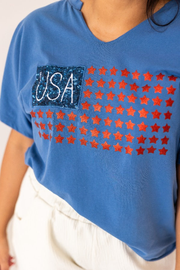 USA Flag Glitter Stars Top - Aaria Tees Aaria Tees