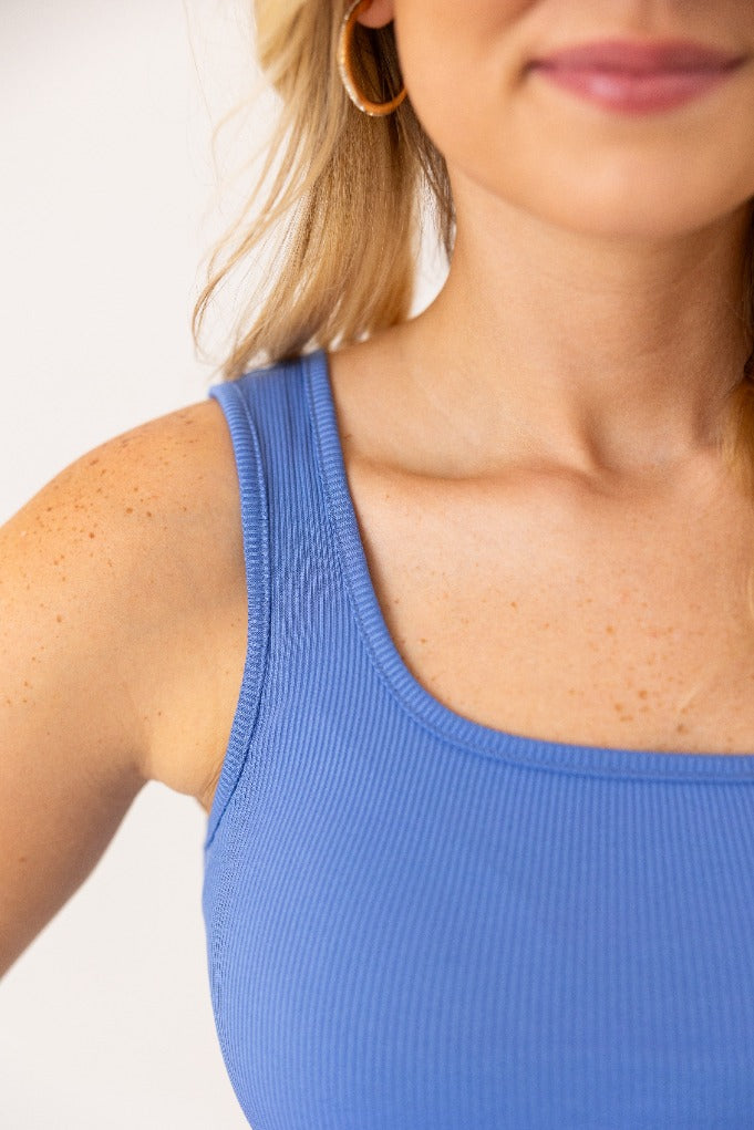 Bella Square Neck Rib Knit Tank Top, Blue - Aaria Tees Aaria Tees