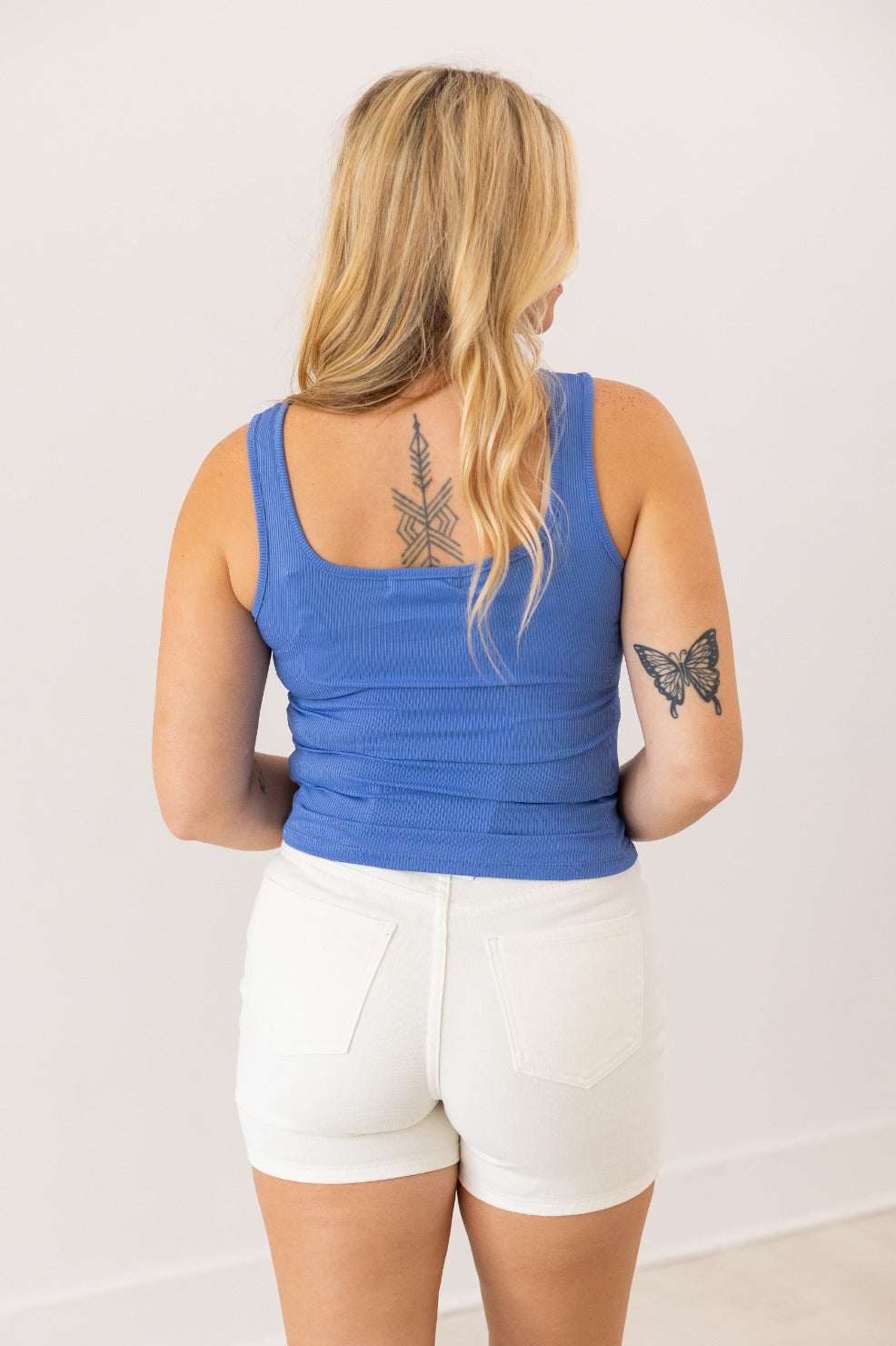 Bella Square Neck Rib Knit Tank Top, Blue - Aaria Tees Aaria Tees