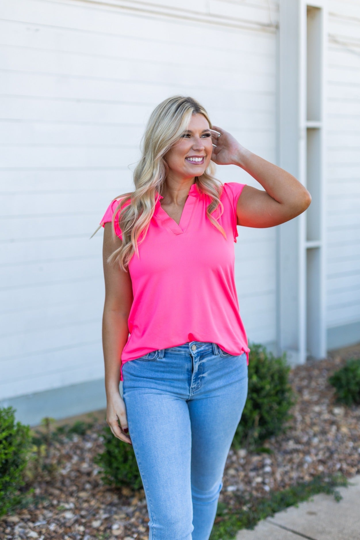 The Nicole V-Neck Top, Neon Pink - Aaria Tees Aaria Tees
