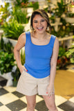 Bella Square Neck Rib Knit Tank Top, Blue - Aaria Tees Aaria Tees