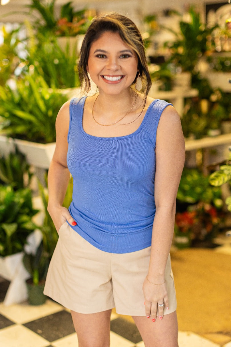 Bella Square Neck Rib Knit Tank Top, Blue - Aaria Tees Aaria Tees