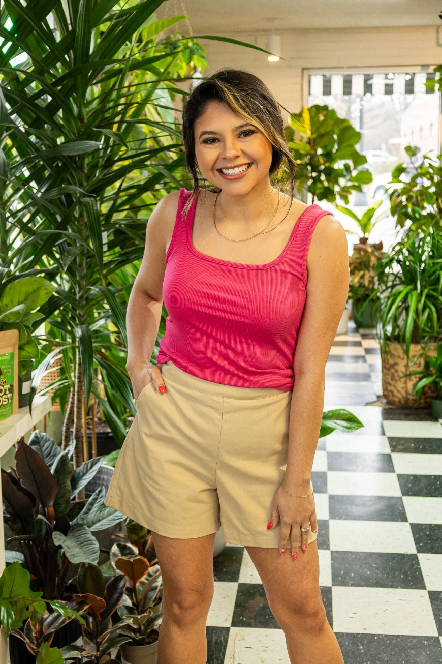 Bella Square Neck Rib Knit Tank Top, Pink - Aaria Tees Aaria Tees