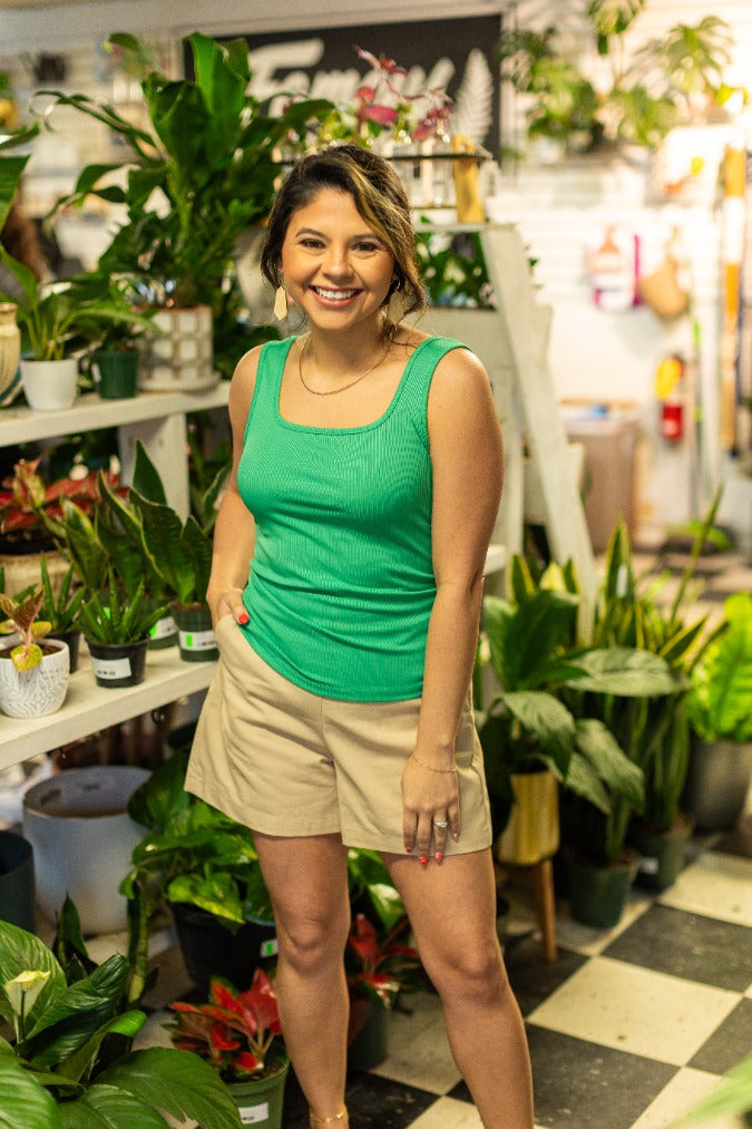Bella Square Neck Rib Knit Tank Top, Green - Aaria Tees Aaria Tees