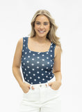 Bella Square Neck Rib Knit Tank Top, Navy Stars - Aaria Tees Aaria Tees