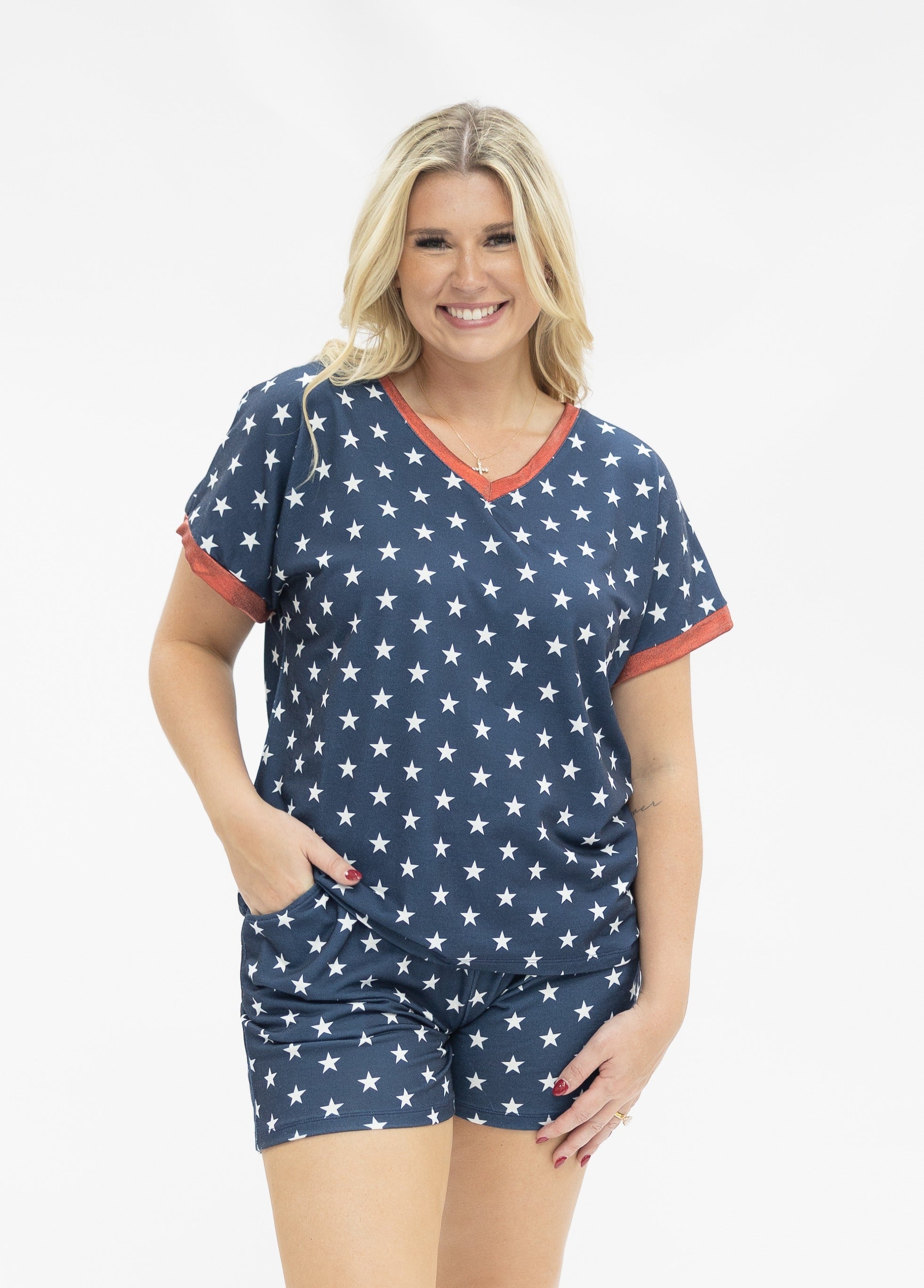 Blue and White Stars V-Neck Top - Aaria Tees Aaria Tees