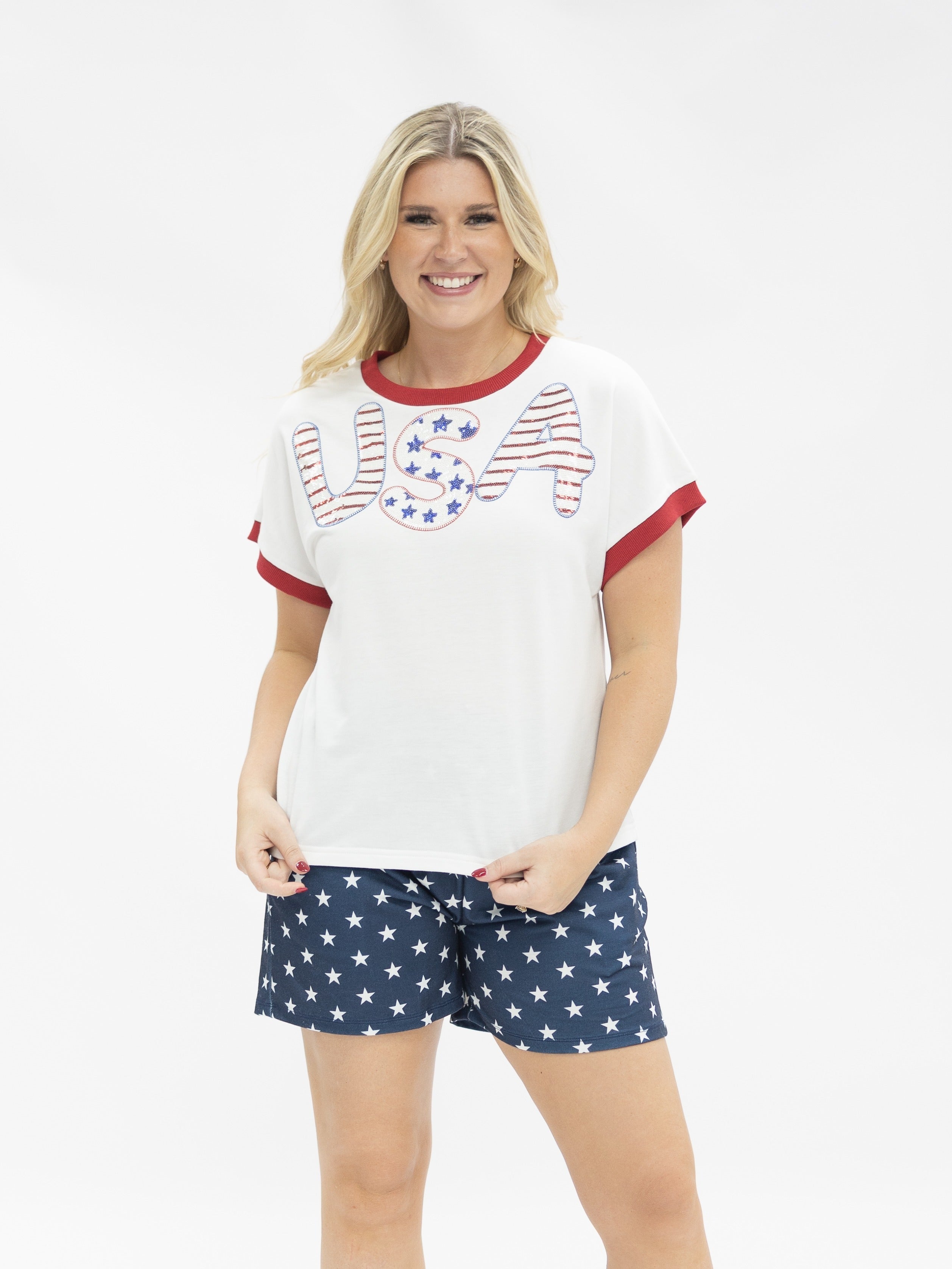 Sequin "USA" on White Top - Aaria Tees Aaria Tees