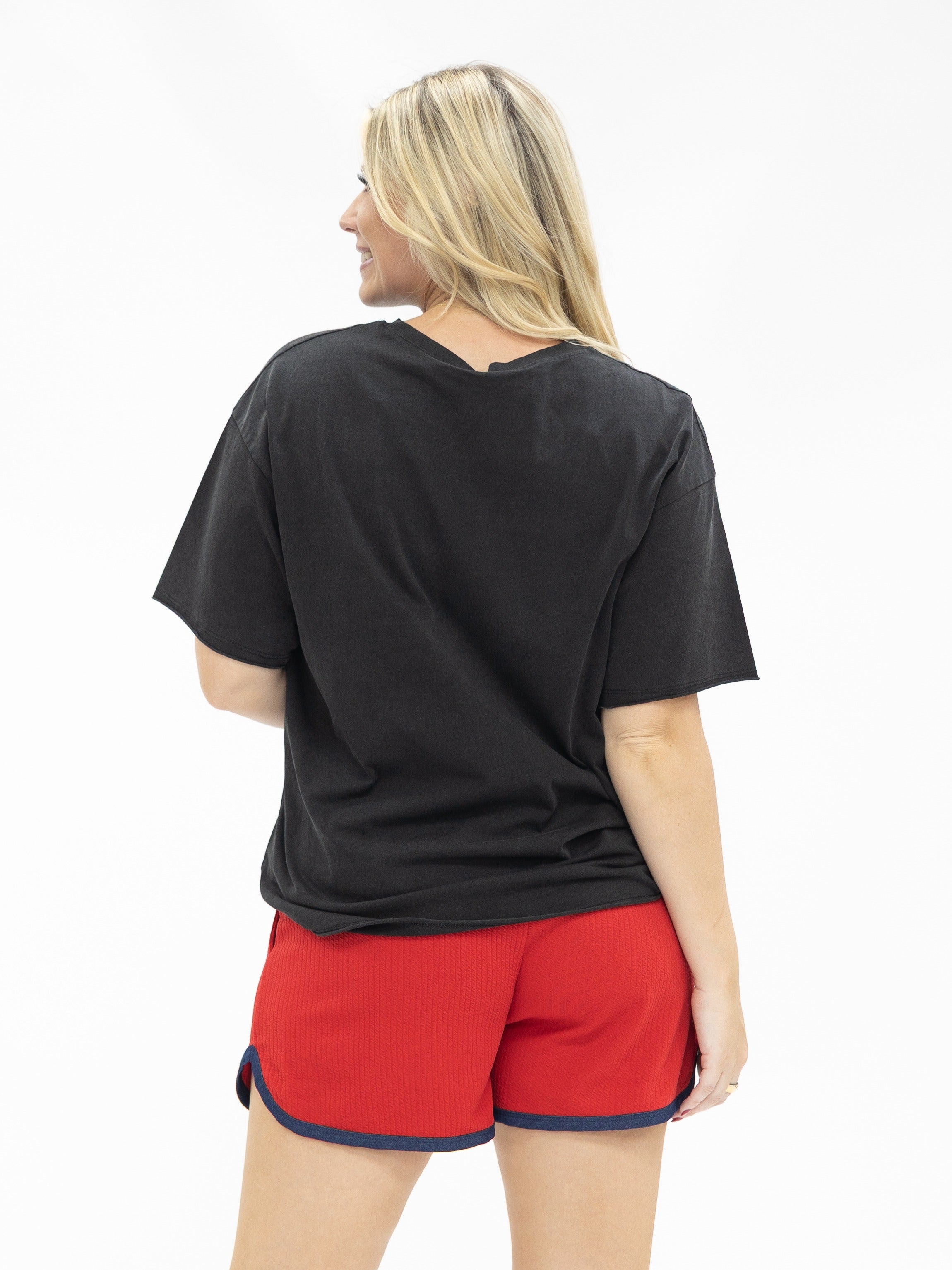 Red Shorts with Denim Accents - Aaria Tees Aaria Tees