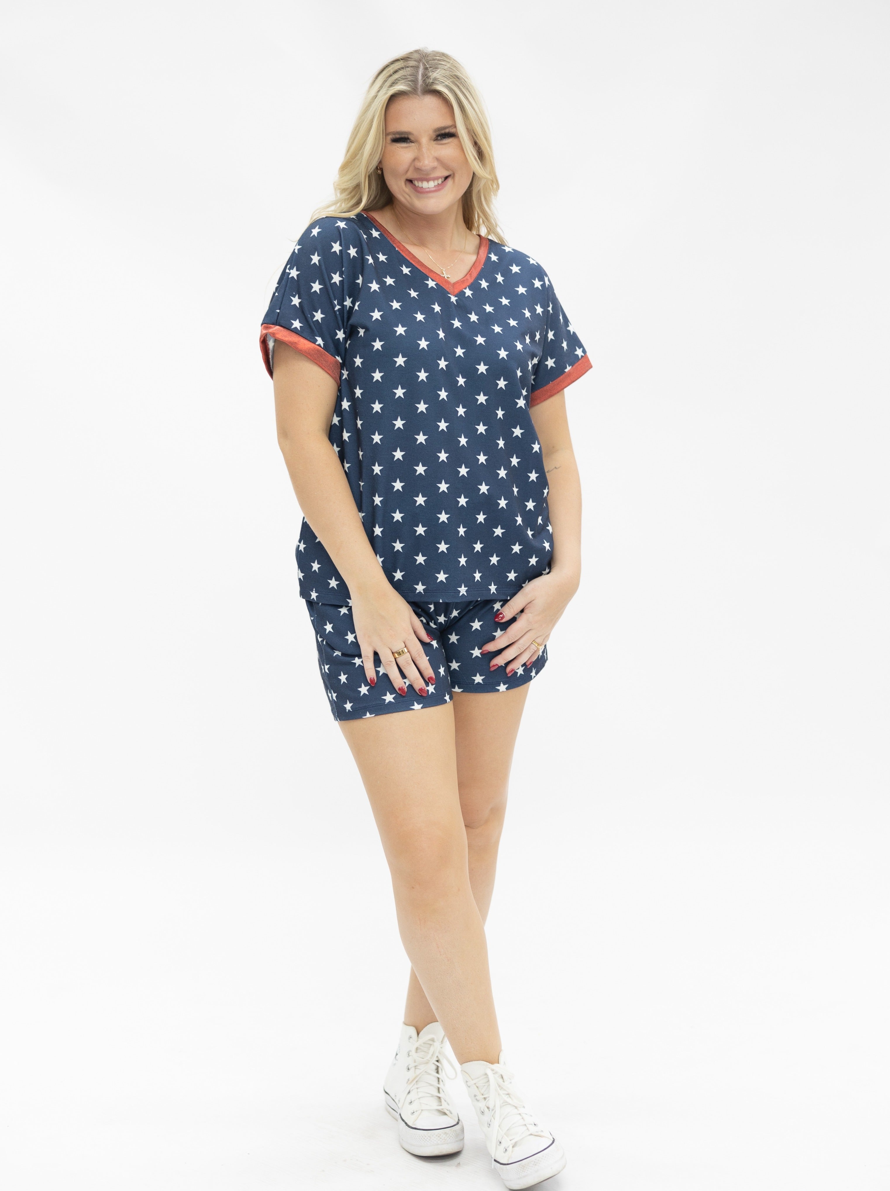 Blue and White Stars V-Neck Top - Aaria Tees Aaria Tees
