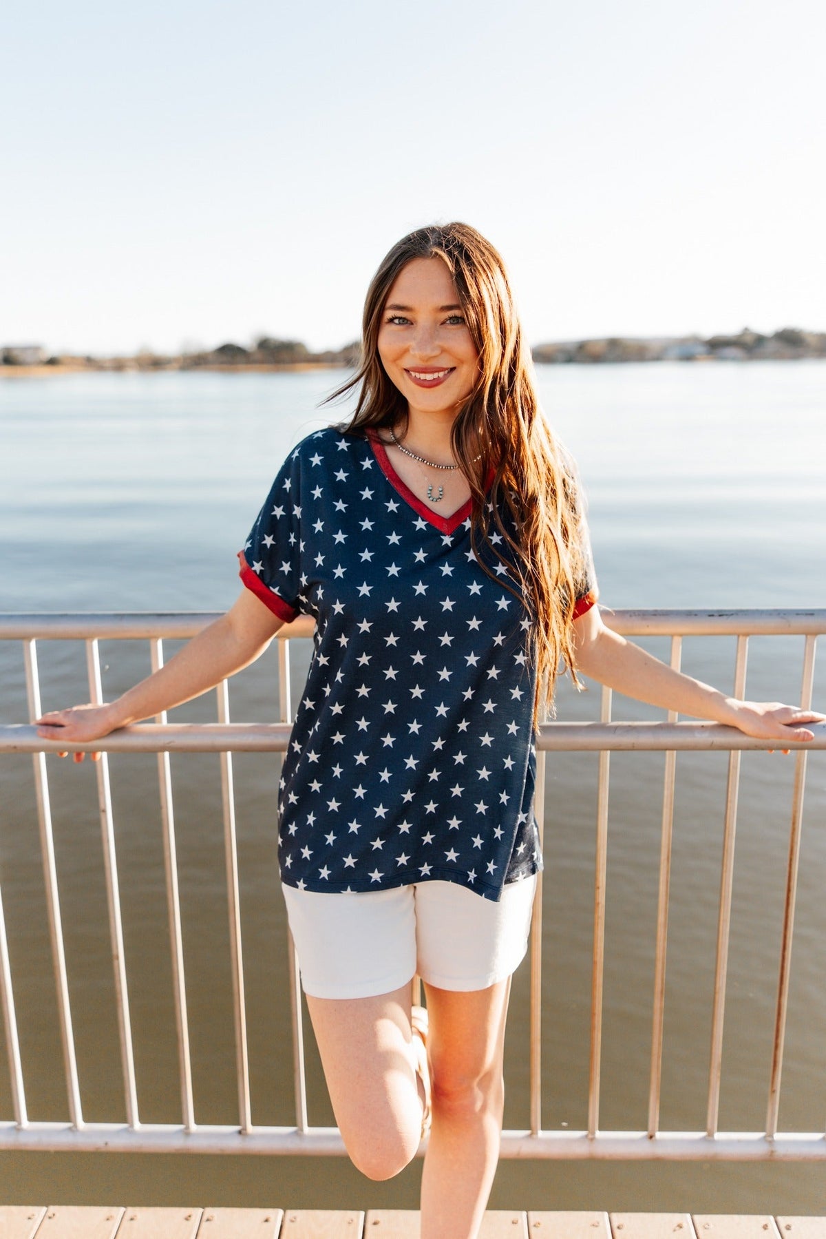 Blue and White Stars V-Neck Top - Aaria Tees