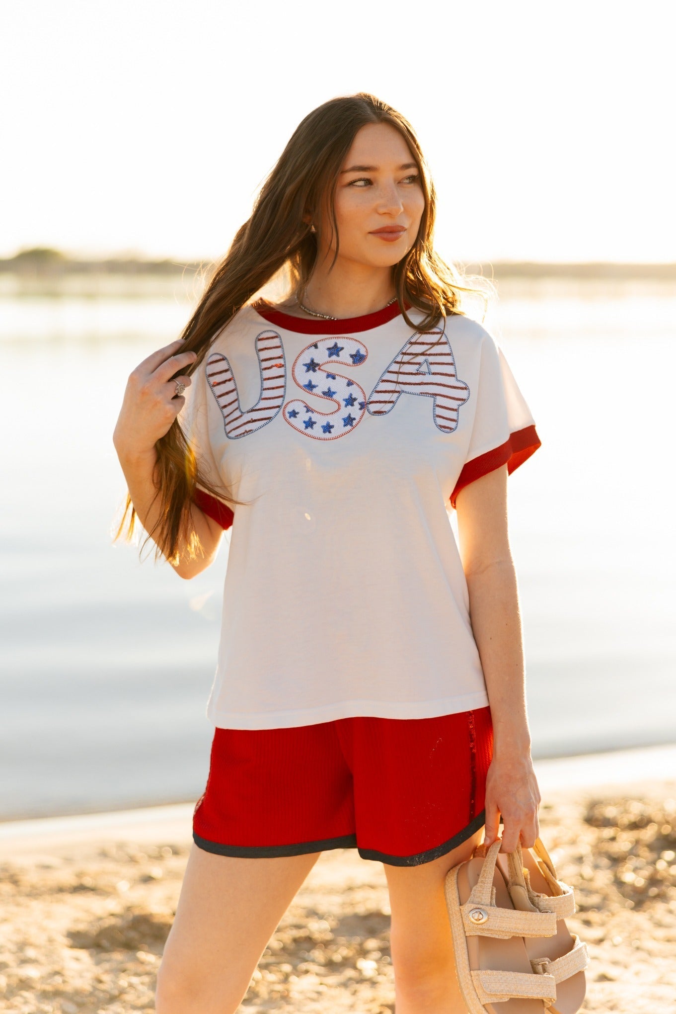 Sequin "USA" on White Top - Aaria Tees Aaria Tees