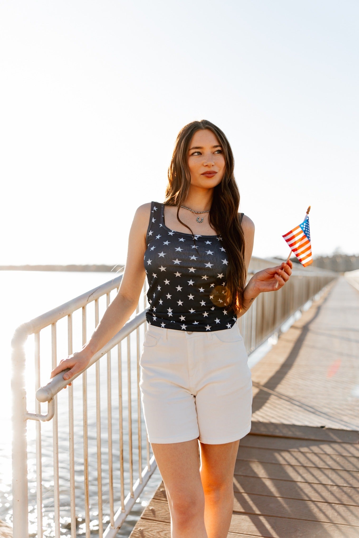 Bella Square Neck Rib Knit Tank Top, Navy Stars - Aaria Tees Aaria Tees