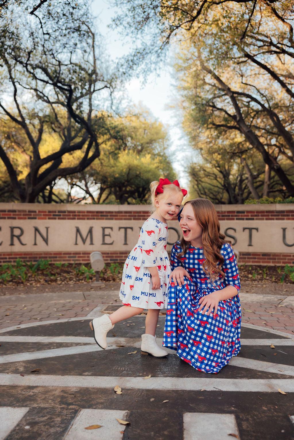 SMU Plaid Mustang 3/4 Sleeve Pocket Twirl Dress - Aaria Tees Aaria Tees