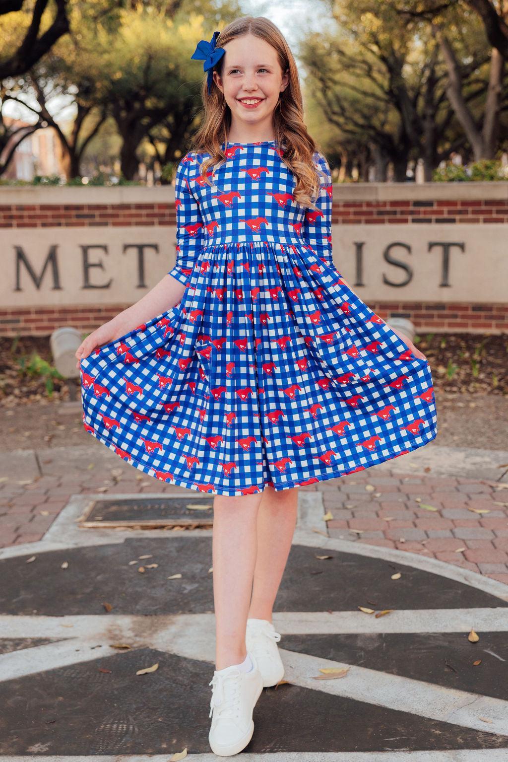 SMU Plaid Mustang 3/4 Sleeve Pocket Twirl Dress - Aaria Tees Aaria Tees