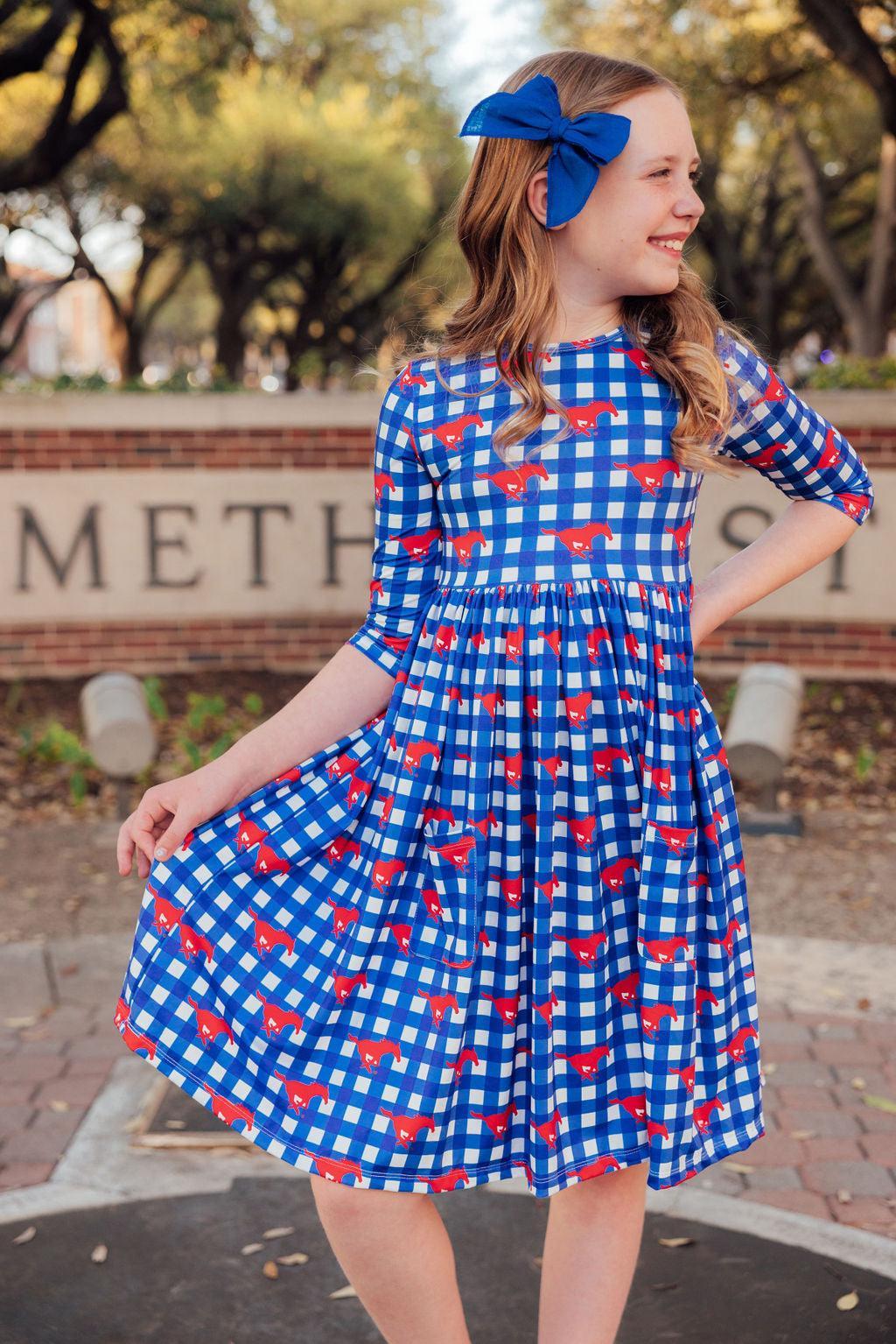 SMU Plaid Mustang 3/4 Sleeve Pocket Twirl Dress - Aaria Tees Aaria Tees