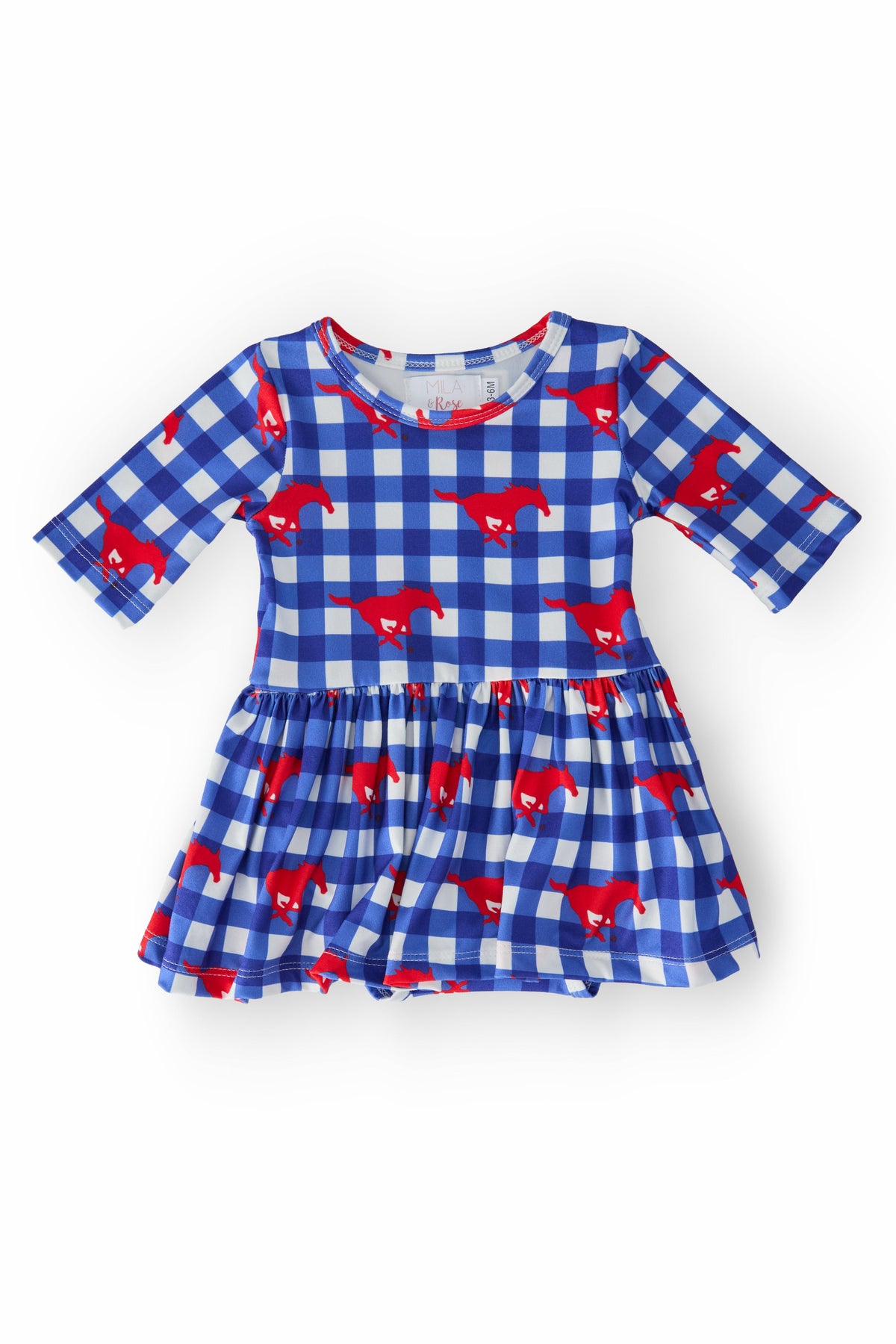 SMU Plaid Mustang 3/4 Sleeve Twirl Bodysuit - Aaria Tees