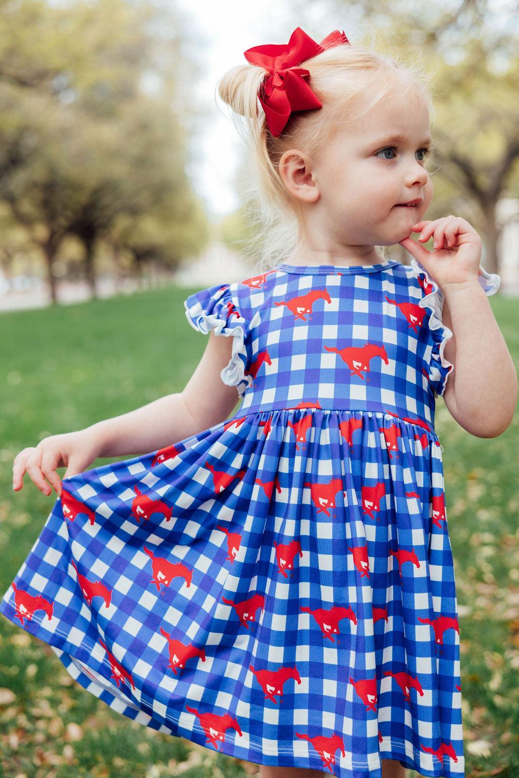 SMU Plaid Mustang Flutter Twirl Dress - Aaria Tees Aaria Tees