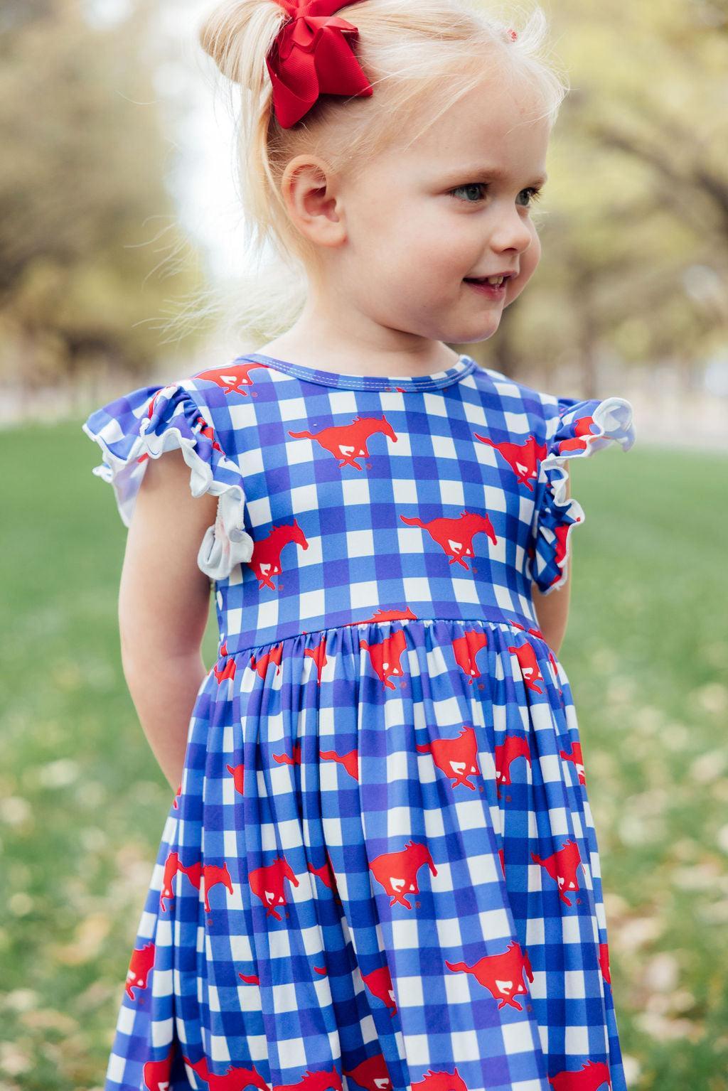 SMU Plaid Mustang Flutter Twirl Dress - Aaria Tees Aaria Tees