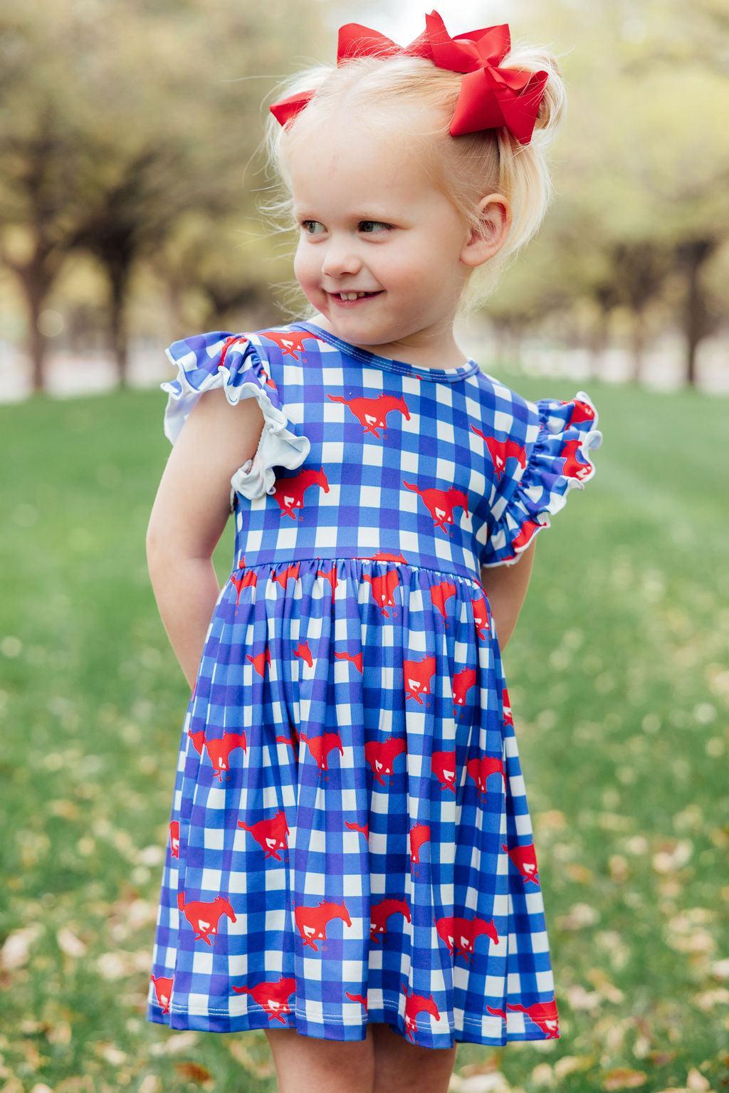 SMU Plaid Mustang Flutter Twirl Dress - Aaria Tees Aaria Tees
