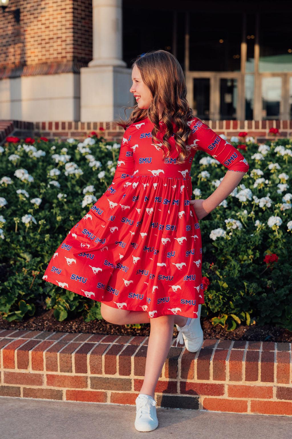 SMU Red Mustang 3/4 Sleeve Pocket Twirl Dress - Aaria Tees Aaria Tees