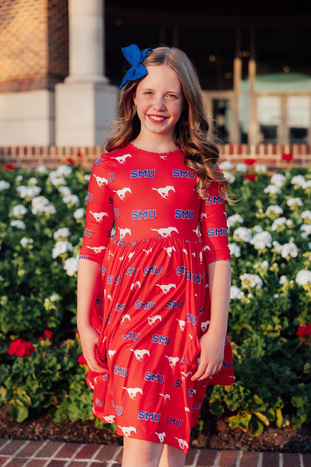 SMU Red Mustang 3/4 Sleeve Pocket Twirl Dress - Aaria Tees Aaria Tees