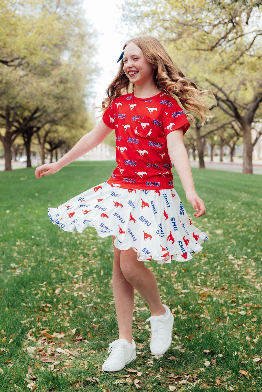 SMU Red Mustang Ruffle Pocket Tee - Aaria Tees Aaria Tees