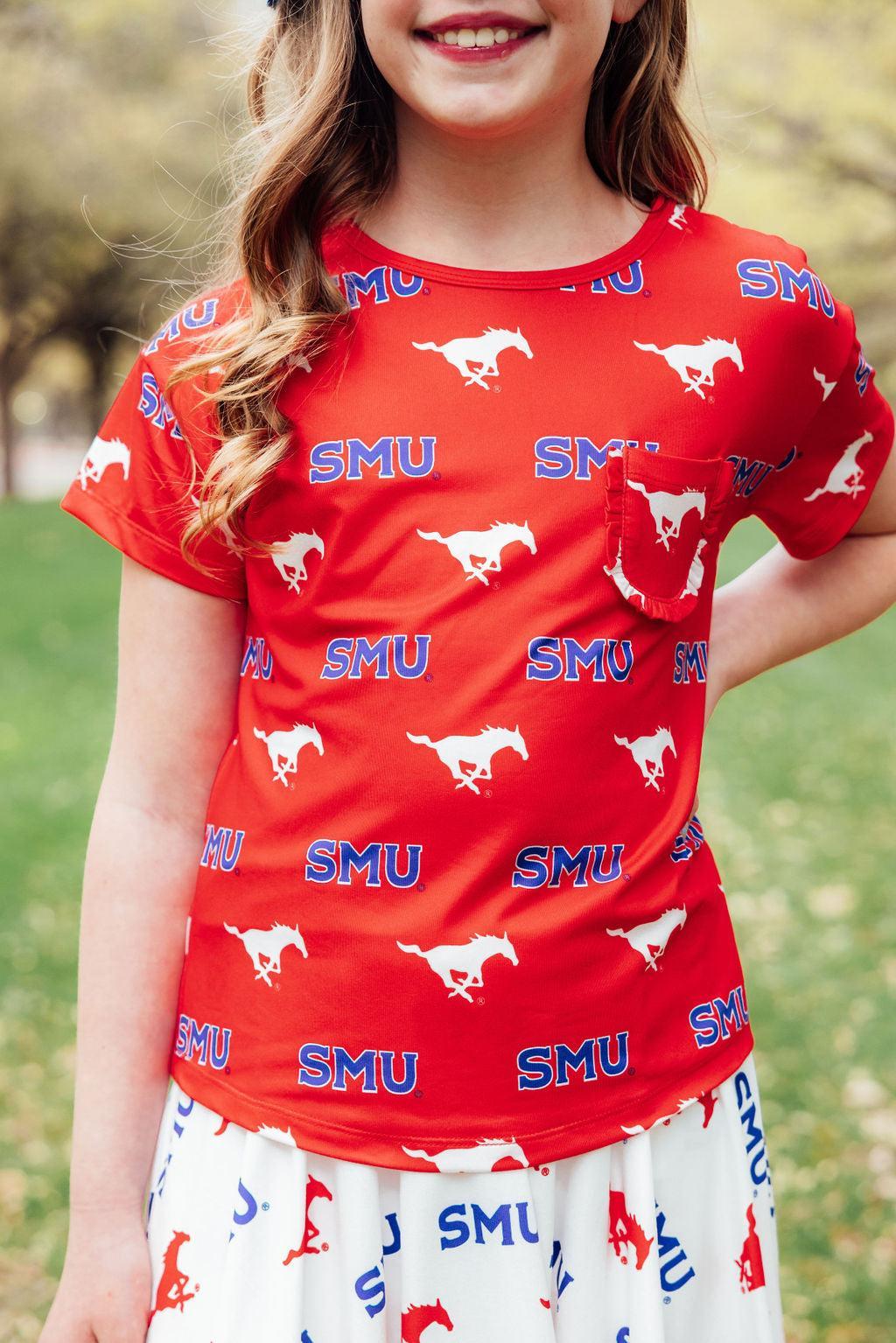SMU Red Mustang Ruffle Pocket Tee - Aaria Tees Aaria Tees
