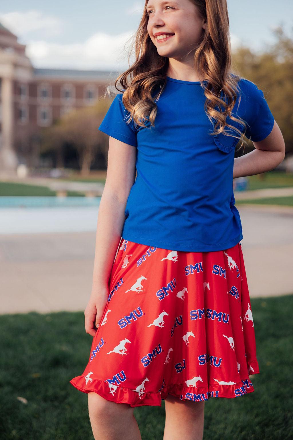 SMU Red Mustang Ruffle Twirl Skort - Aaria Tees Aaria Tees
