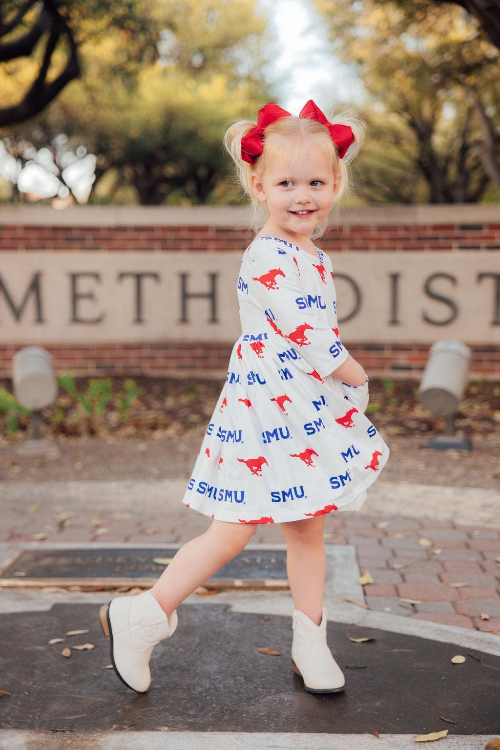 SMU White Mustang 3/4 Sleeve Pocket Twirl Dress - Aaria Tees Aaria Tees