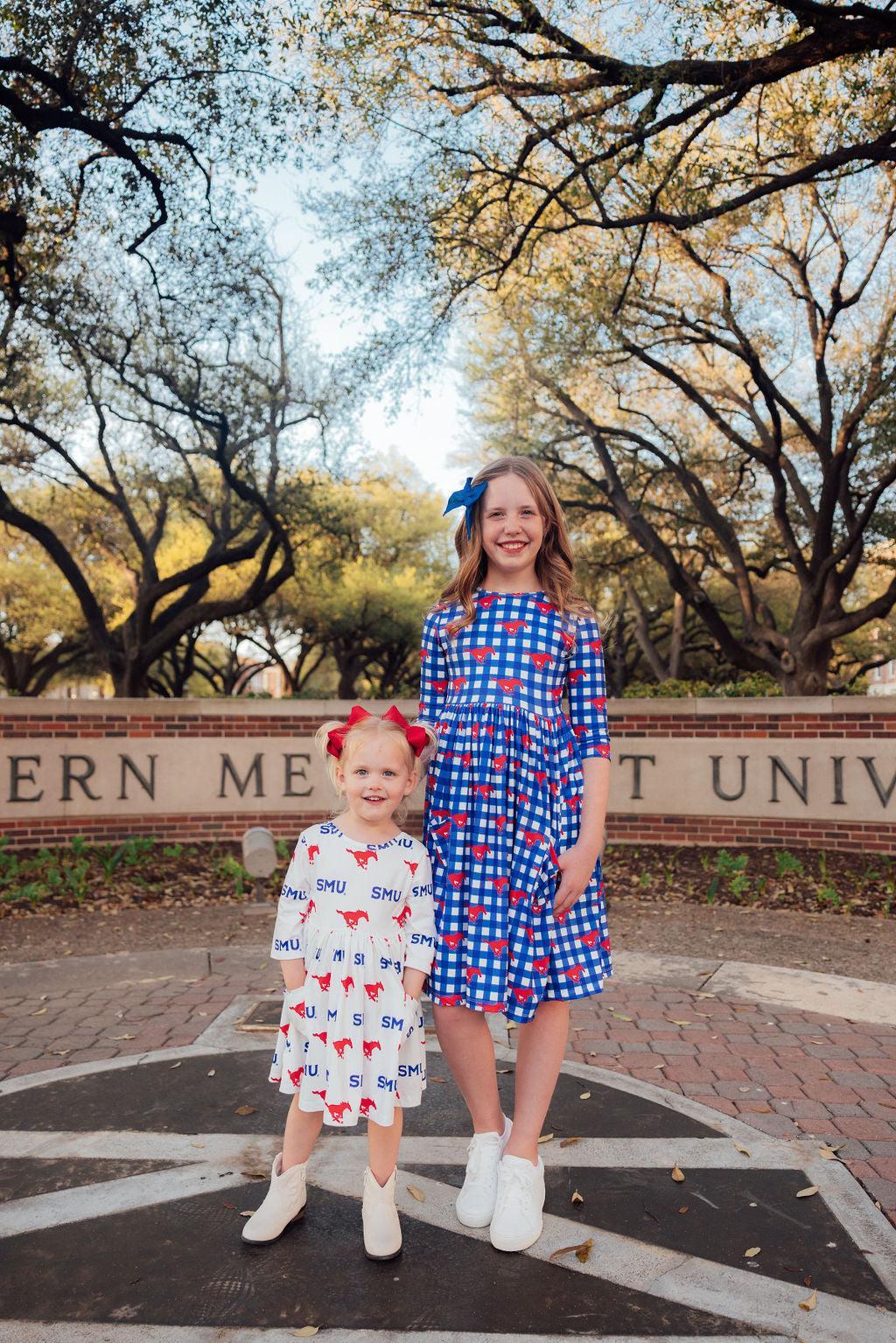 SMU White Mustang 3/4 Sleeve Pocket Twirl Dress - Aaria Tees Aaria Tees