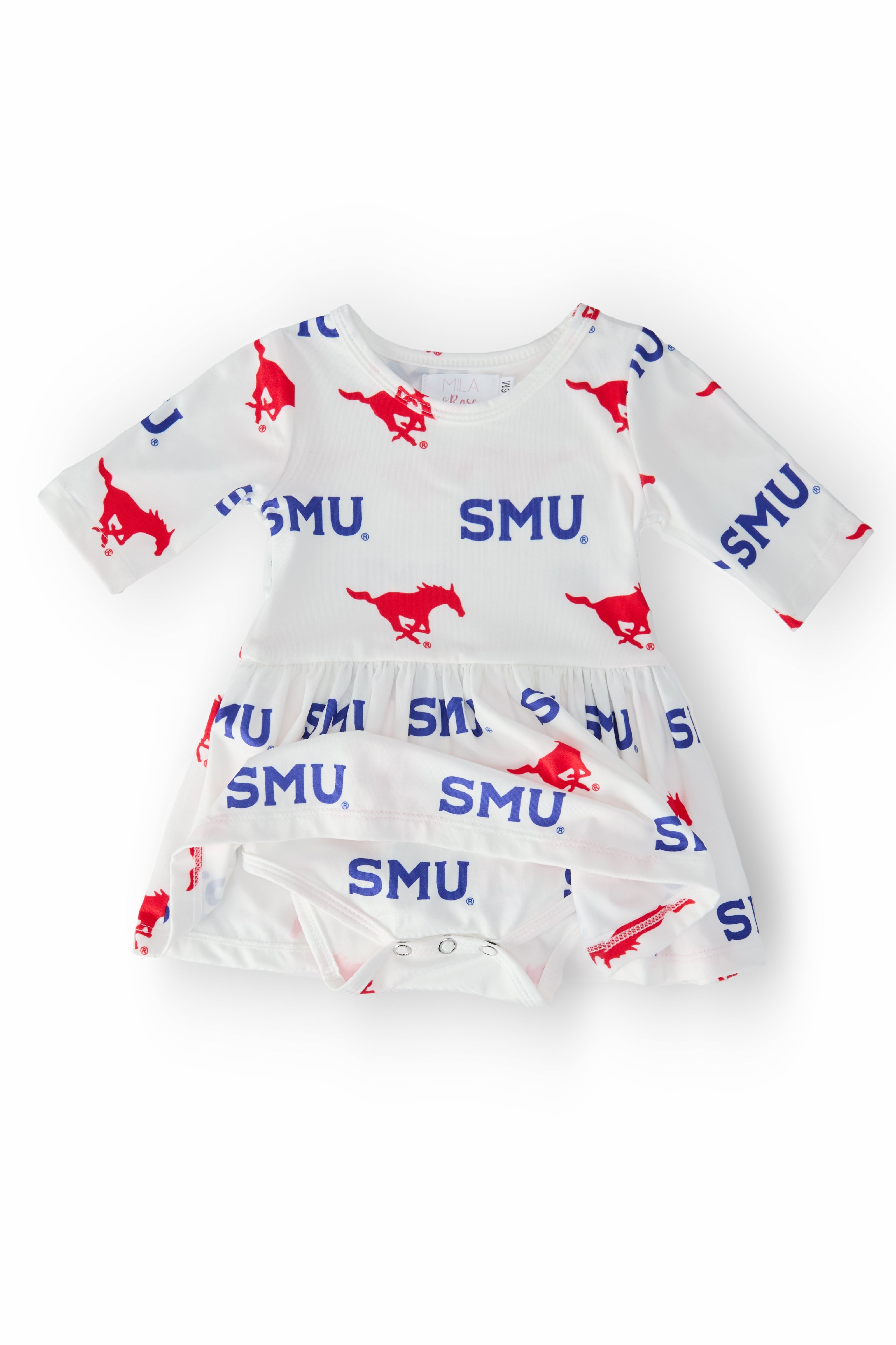 SMU White Mustang 3/4 Sleeve Twirl Bodysuit - Aaria Tees Aaria Tees
