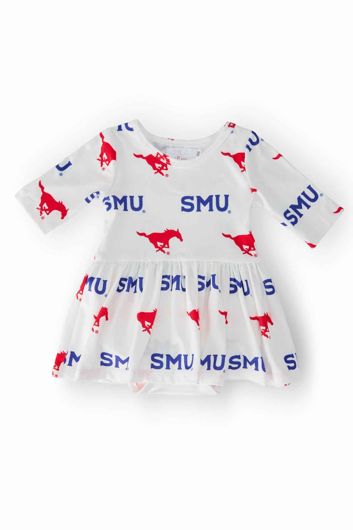 SMU White Mustang 3/4 Sleeve Twirl Bodysuit - Aaria Tees