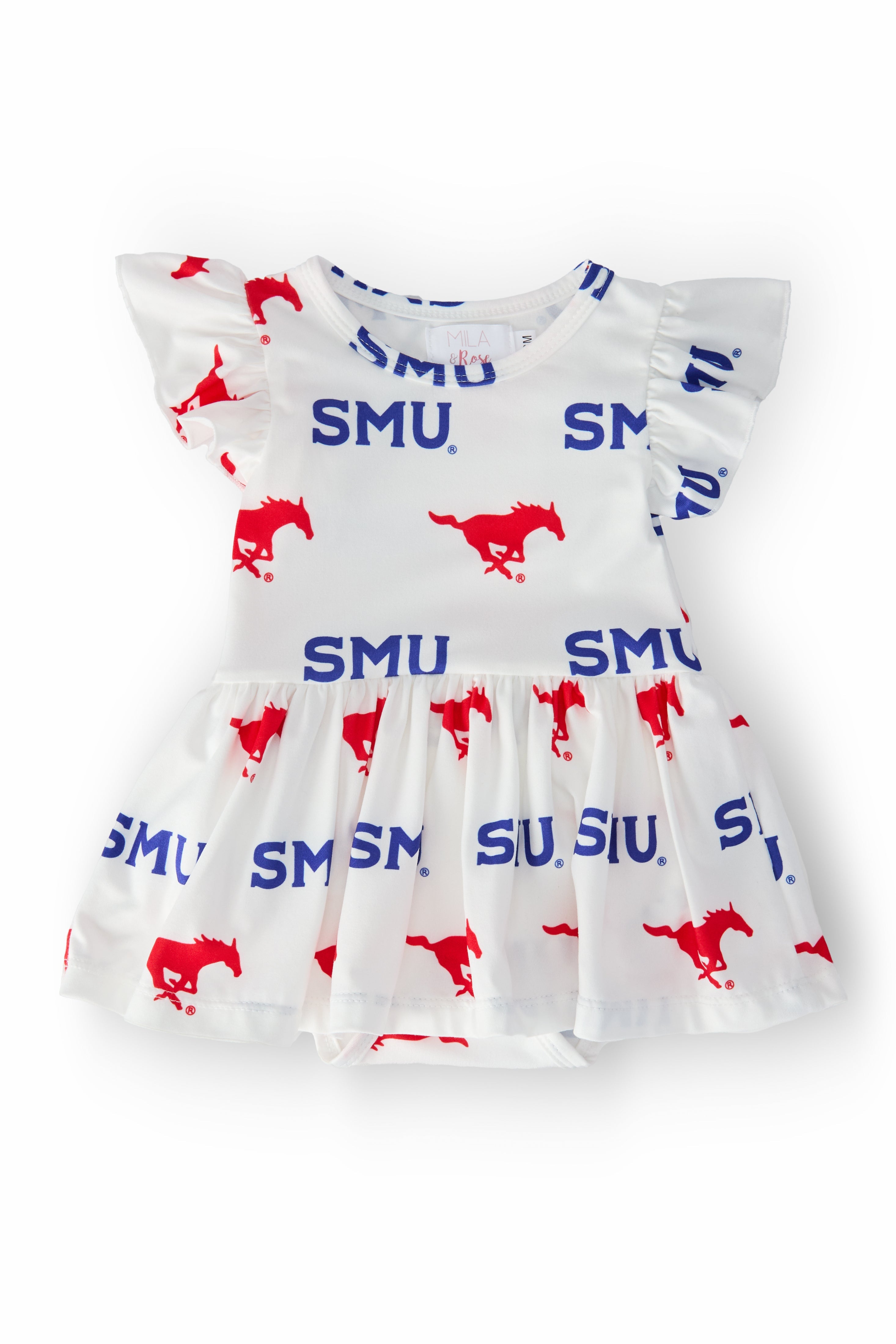 SMU White Mustang Flutter Twirl Bodysuit - Aaria Tees Aaria Tees