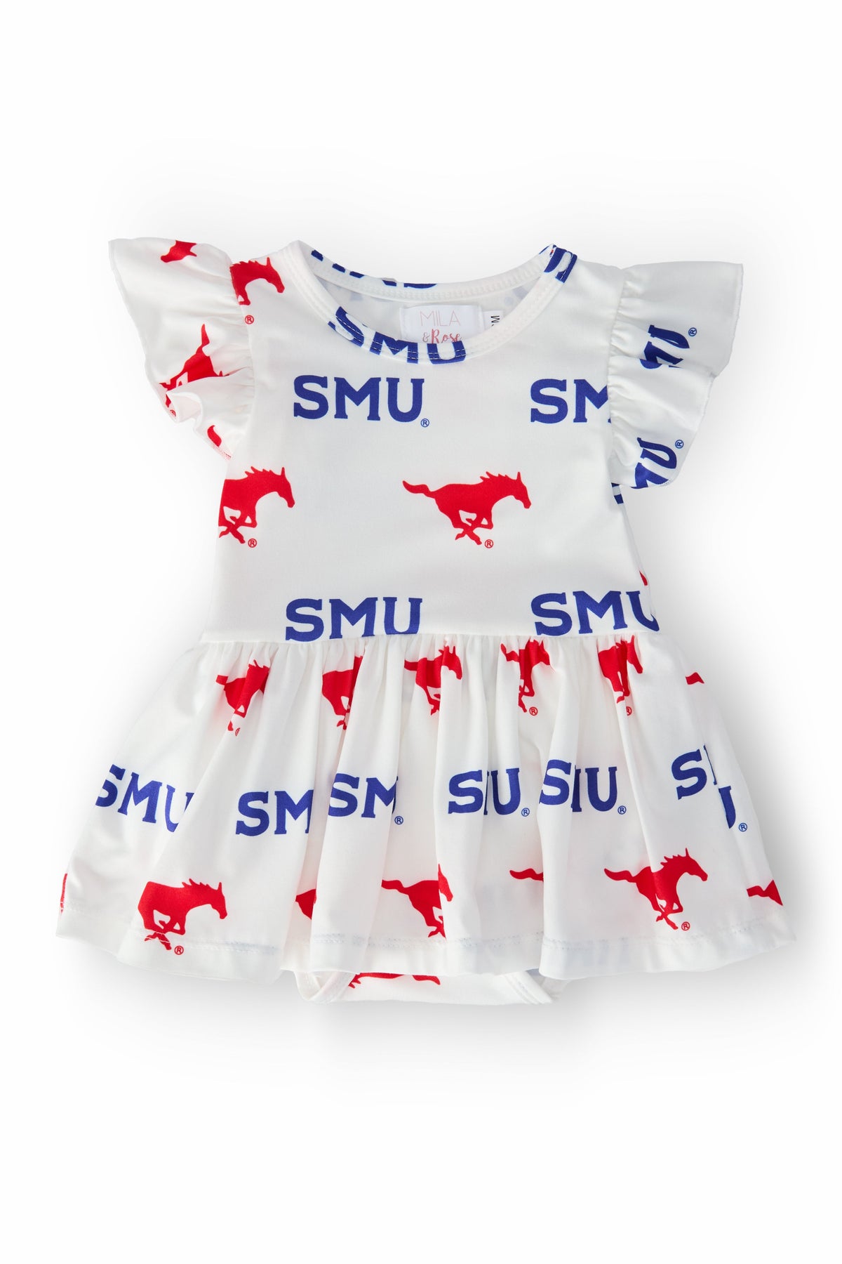 SMU White Mustang Flutter Twirl Bodysuit - Aaria Tees