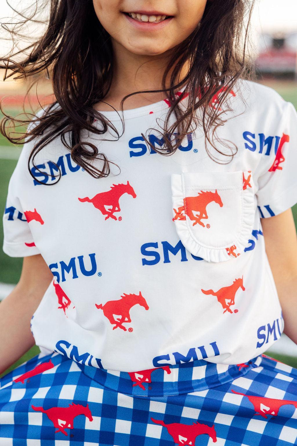 SMU White Mustang Ruffle Pocket Tee - Aaria Tees Aaria Tees