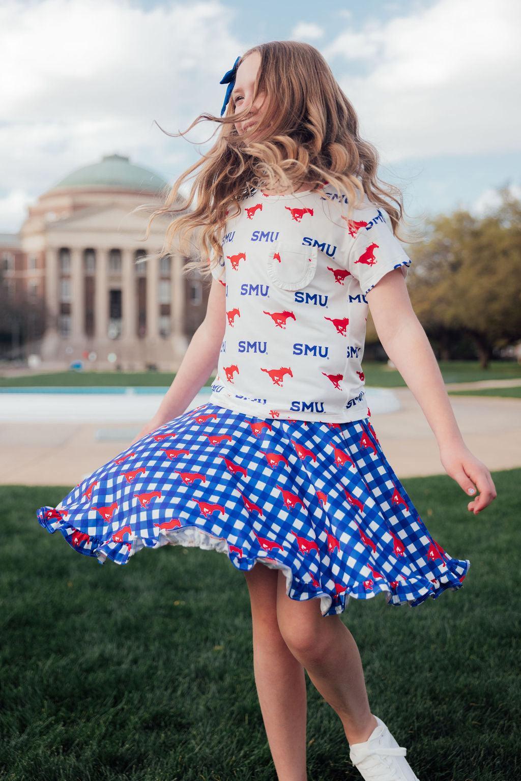 SMU White Mustang Ruffle Pocket Tee - Aaria Tees Aaria Tees