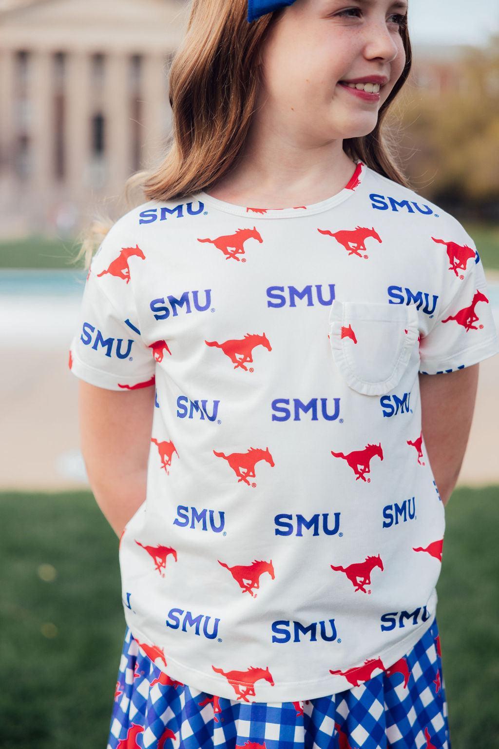 SMU White Mustang Ruffle Pocket Tee - Aaria Tees Aaria Tees