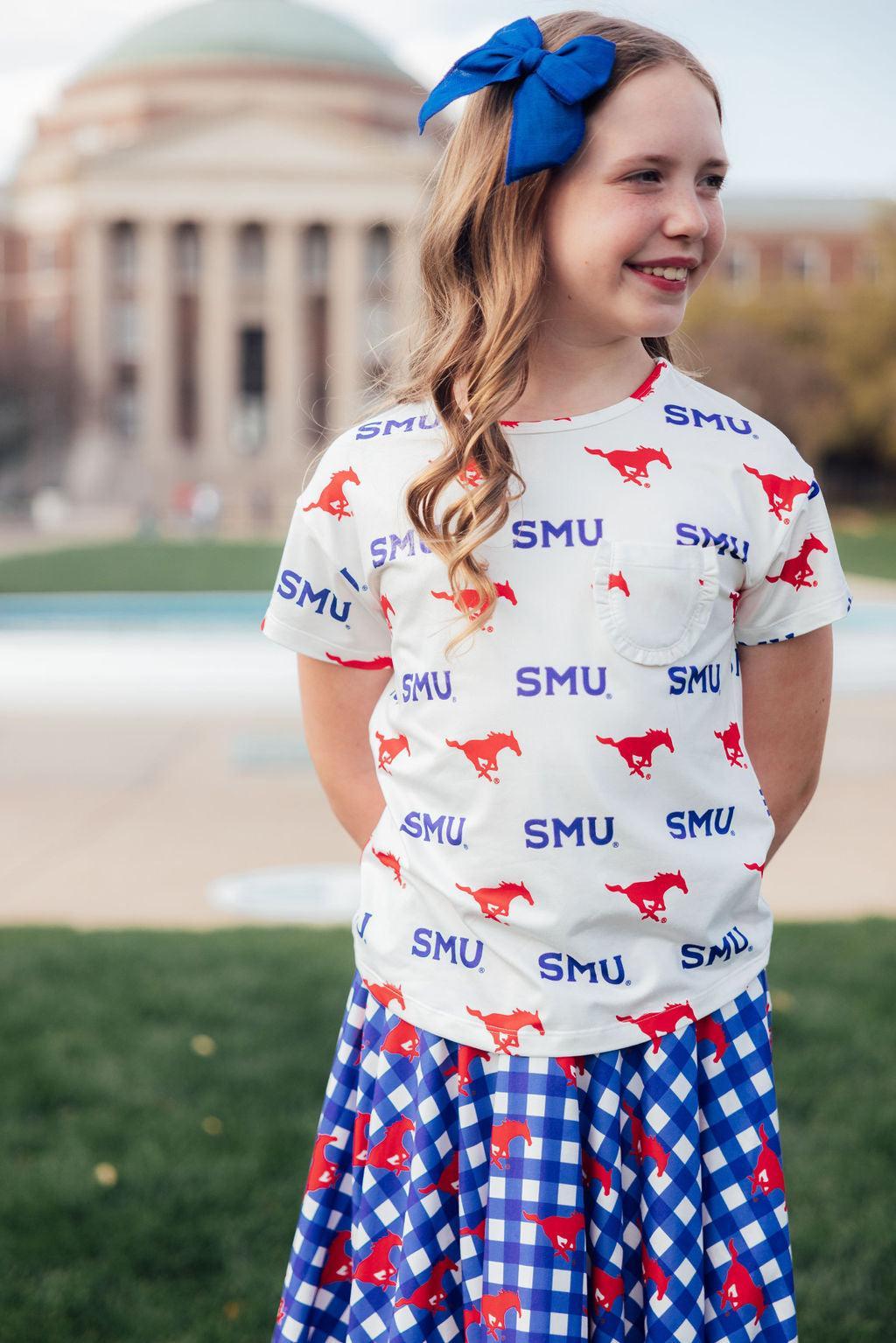 SMU White Mustang Ruffle Pocket Tee - Aaria Tees Aaria Tees