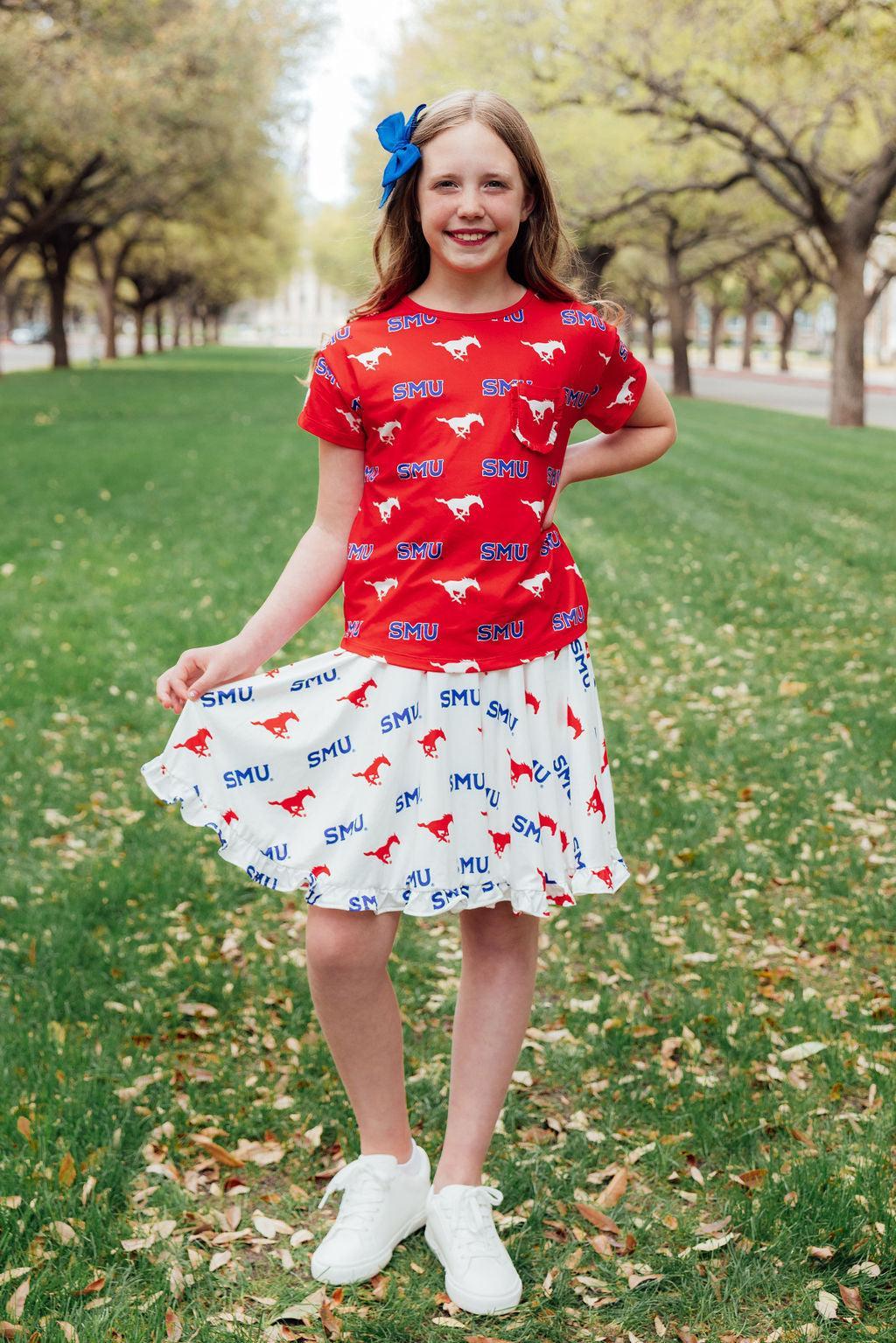 SMU White Mustang Ruffle Twirl Skort - Aaria Tees Aaria Tees