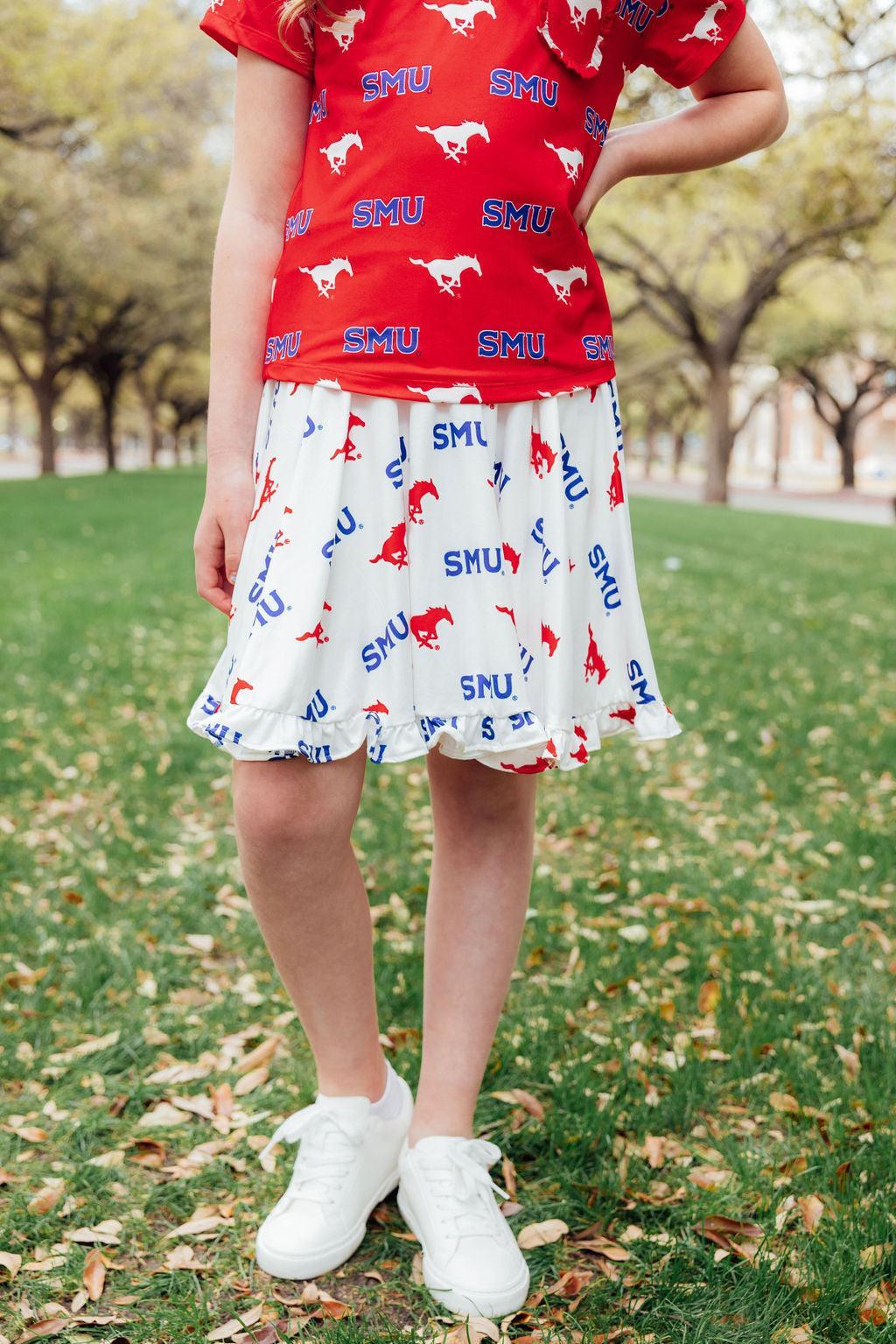 SMU White Mustang Ruffle Twirl Skort - Aaria Tees