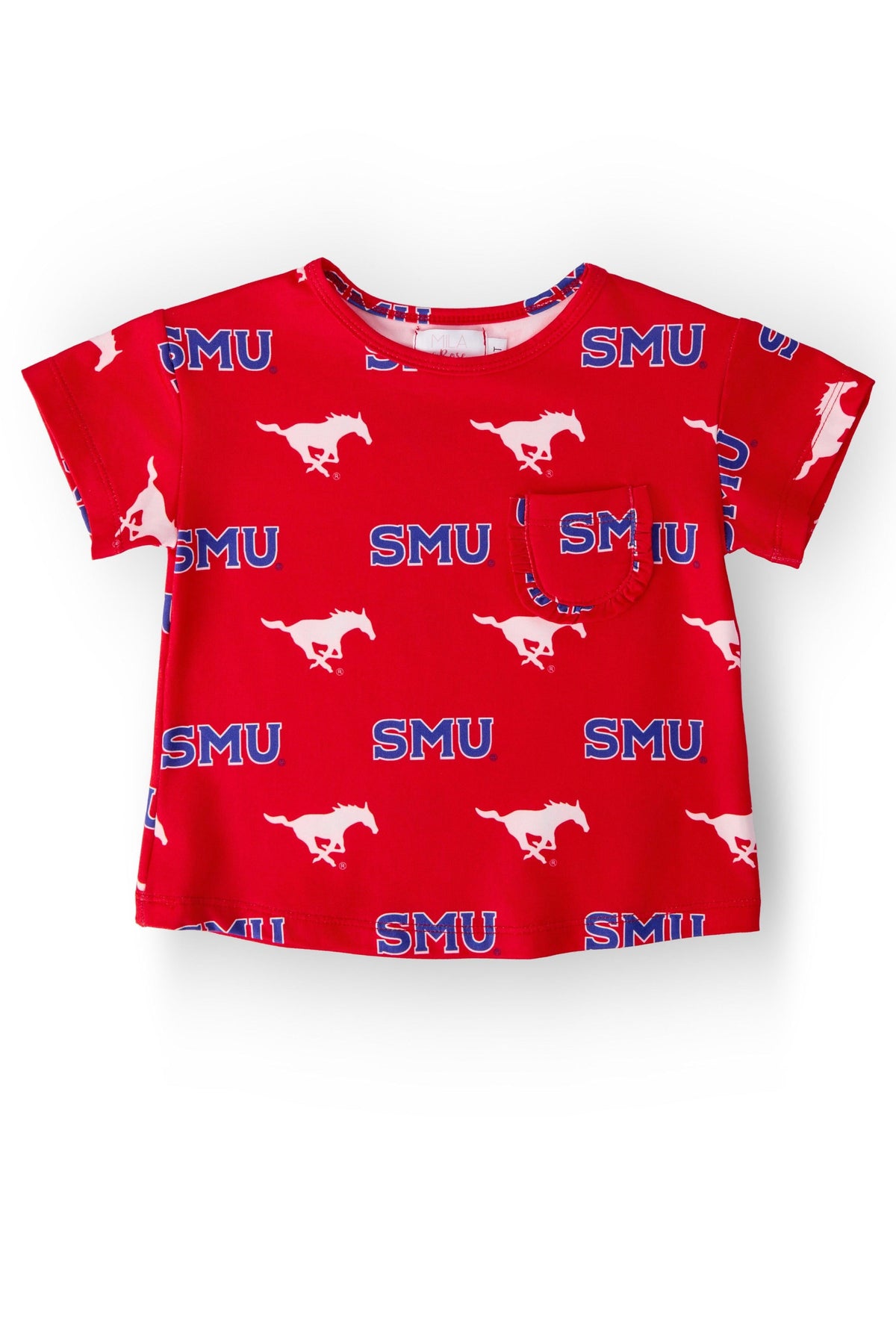 SMU Red Mustang Ruffle Pocket Tee - Aaria Tees
