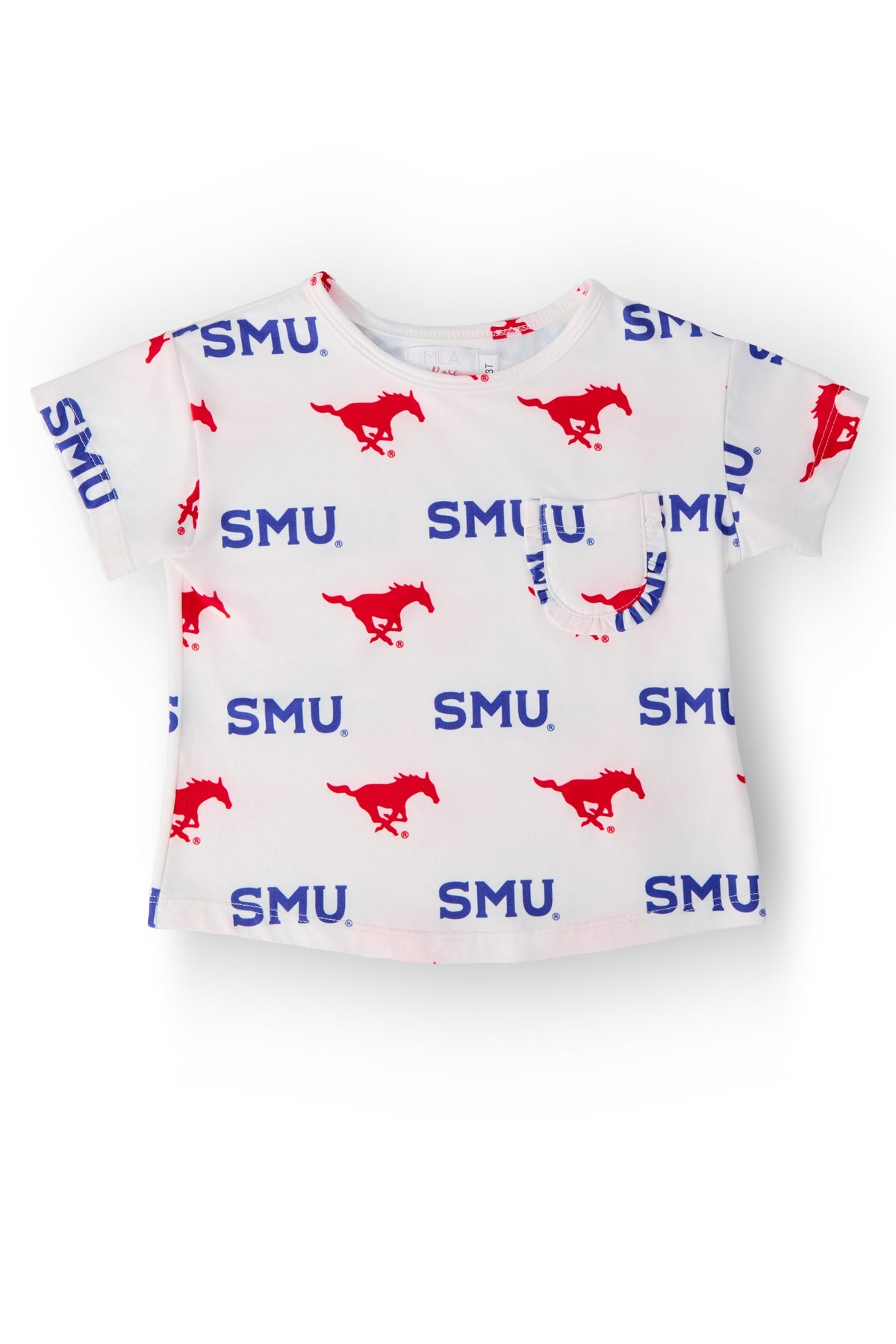 SMU White Mustang Ruffle Pocket Tee - Aaria Tees