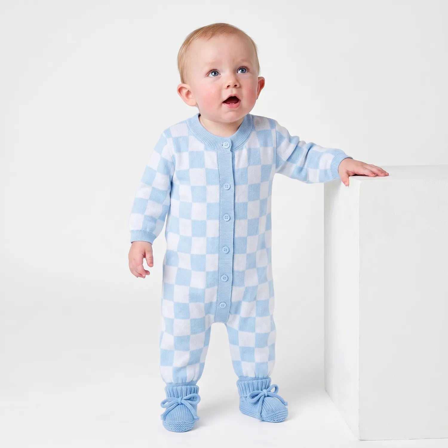 Checker Baby Knit Button Romper - Aaria Tees Aaria Tees