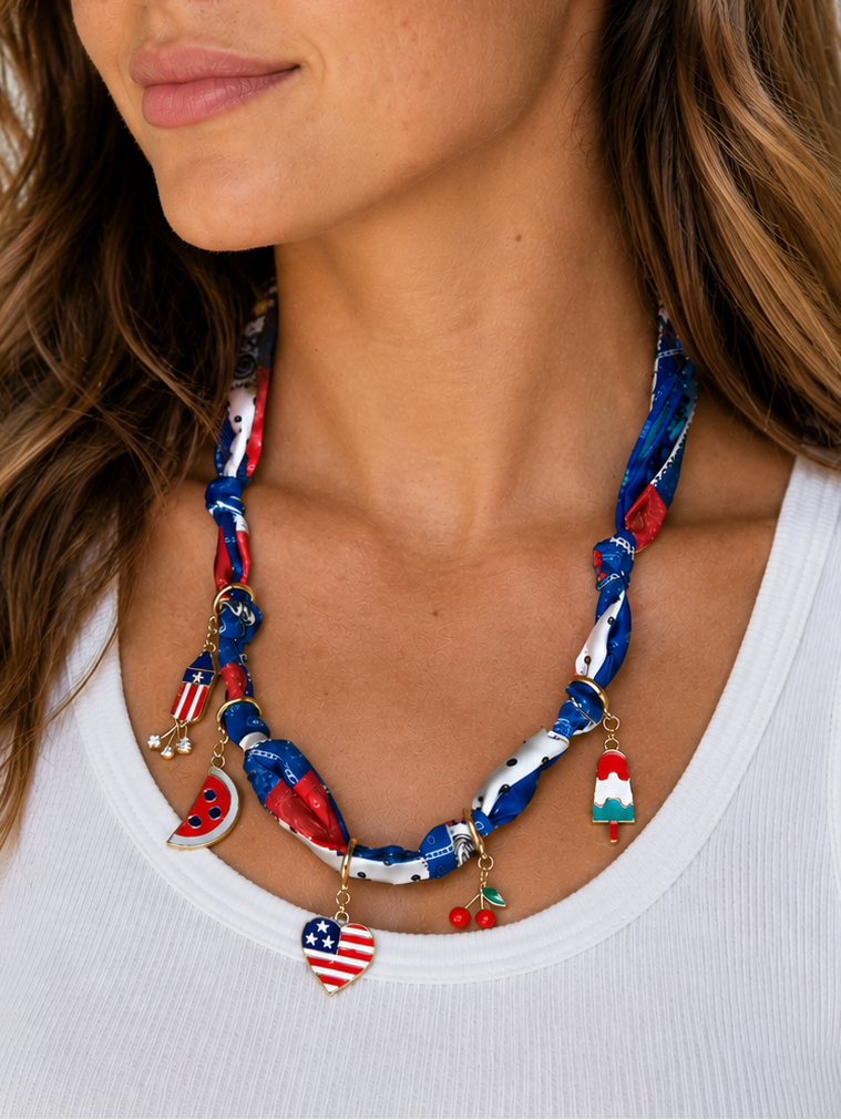 Scarf Necklace with Patriotic Charms - Aaria Tees Aaria Tees