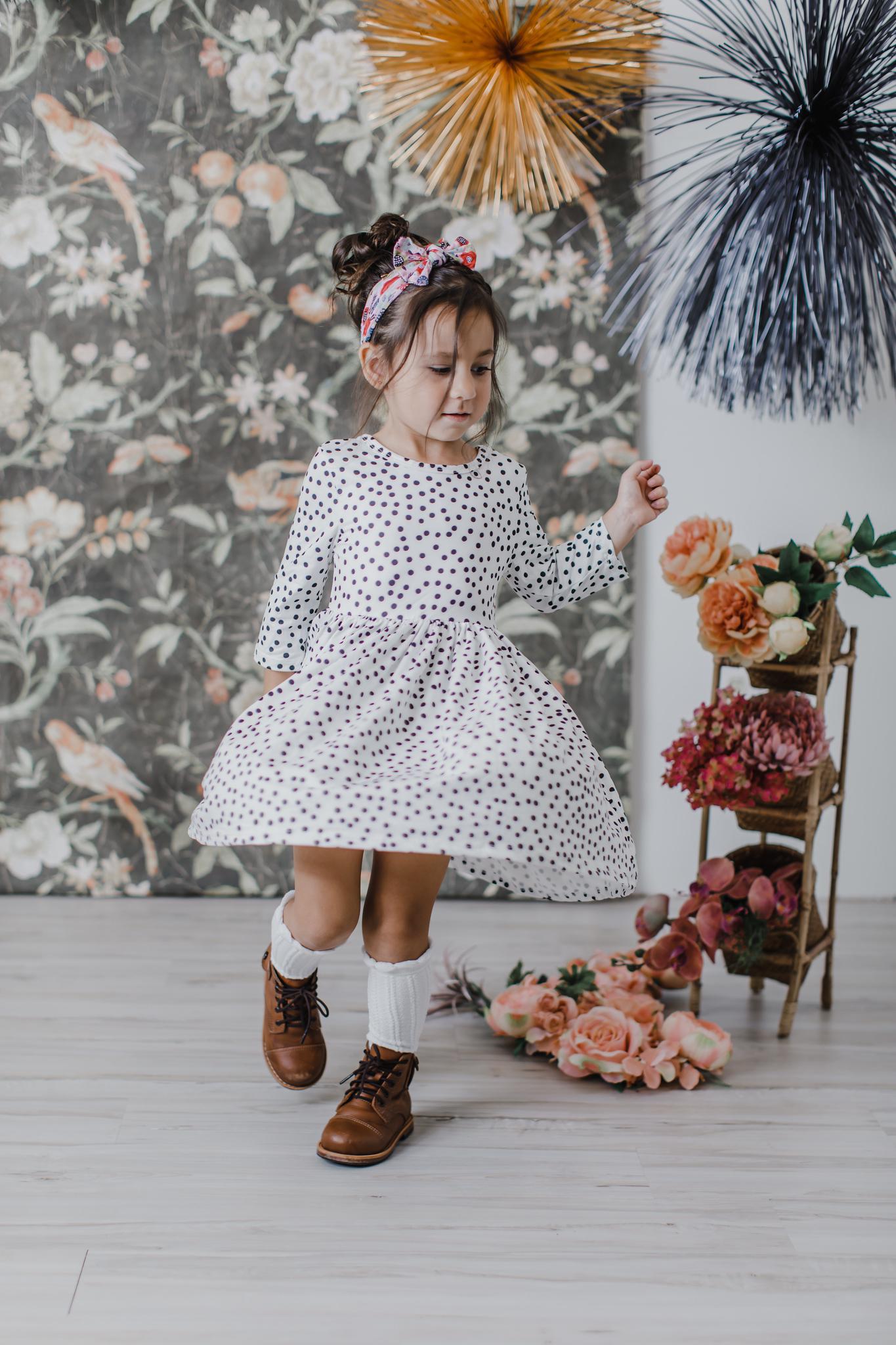 Scattered Dot 3/4 Sleeve Pocket Twirl Dress - Aaria Tees Aaria Tees
